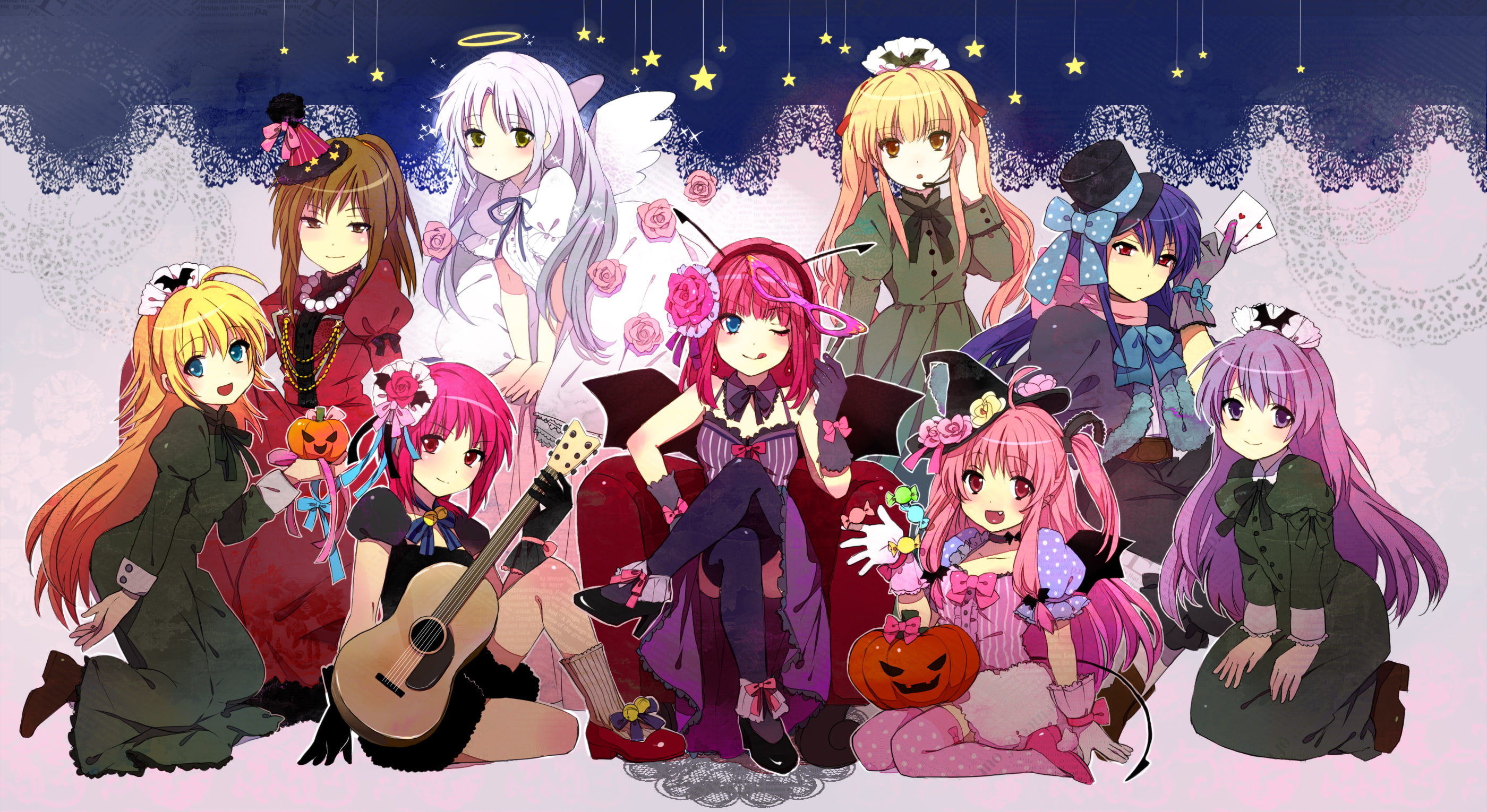 green, head, wings, angels, tachibana, highs, eyes, pink, hair, blondes, mouth, long, brown, beats, thigh, chairs, twintails, car, 2K, open, guitars, kanade, HD Wallpaper