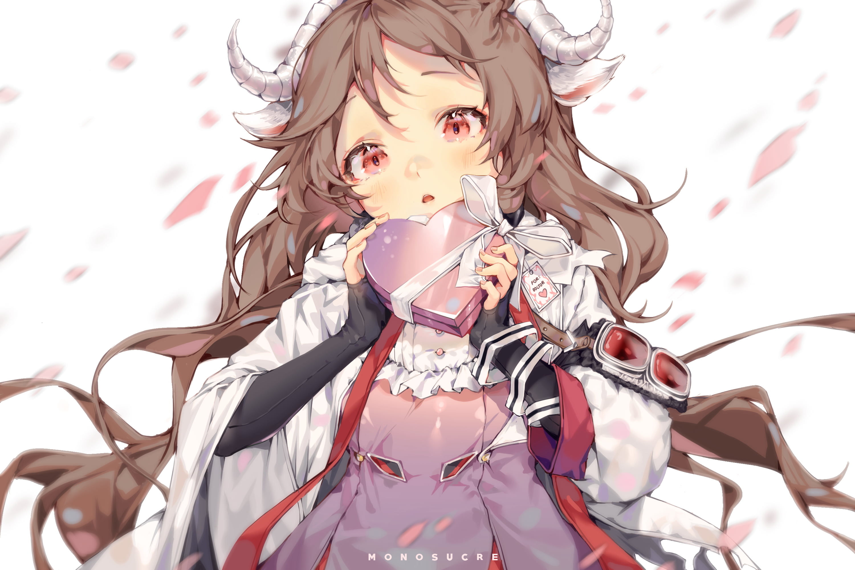 women, video games, long hair, cardigan, video game characters, open mouth, looking at viewer, fan art, Eyjafjalla(Arknights), goat girl, pink eyes, surprised, HD Wallpaper