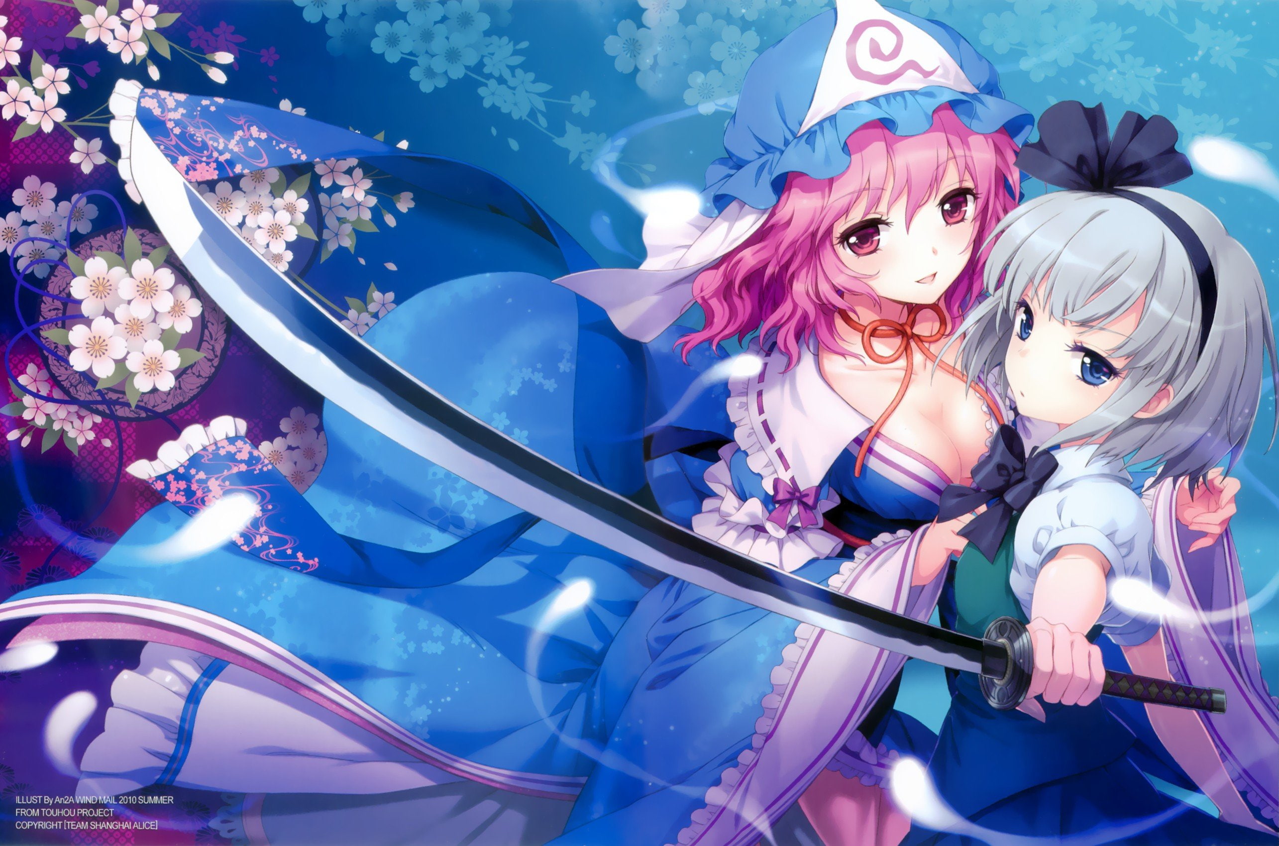 open, 2K, blossoms, games, cleavage, short, saigyouji, green, illustration, dress, eyes, clothes, touhou, girl, flowers, hair, white, girls, mouth, video, HD Wallpaper