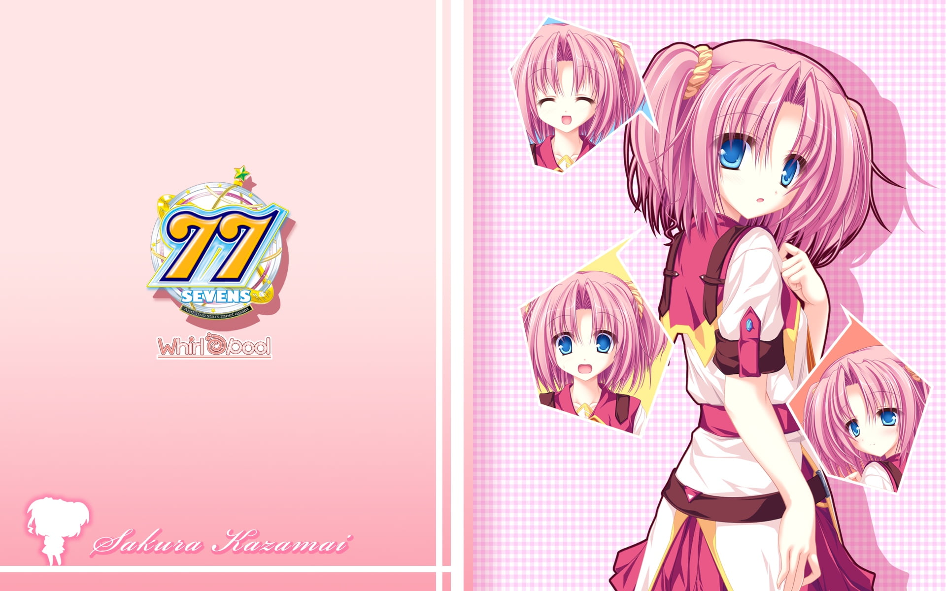 tie, 1080P, happy, Sevens and, school uniform, blushing, dress, bangs, blue eyes, short hair, anime girls, anime, pink hair, Kazamai Sakura, looking at viewer, HD Wallpaper