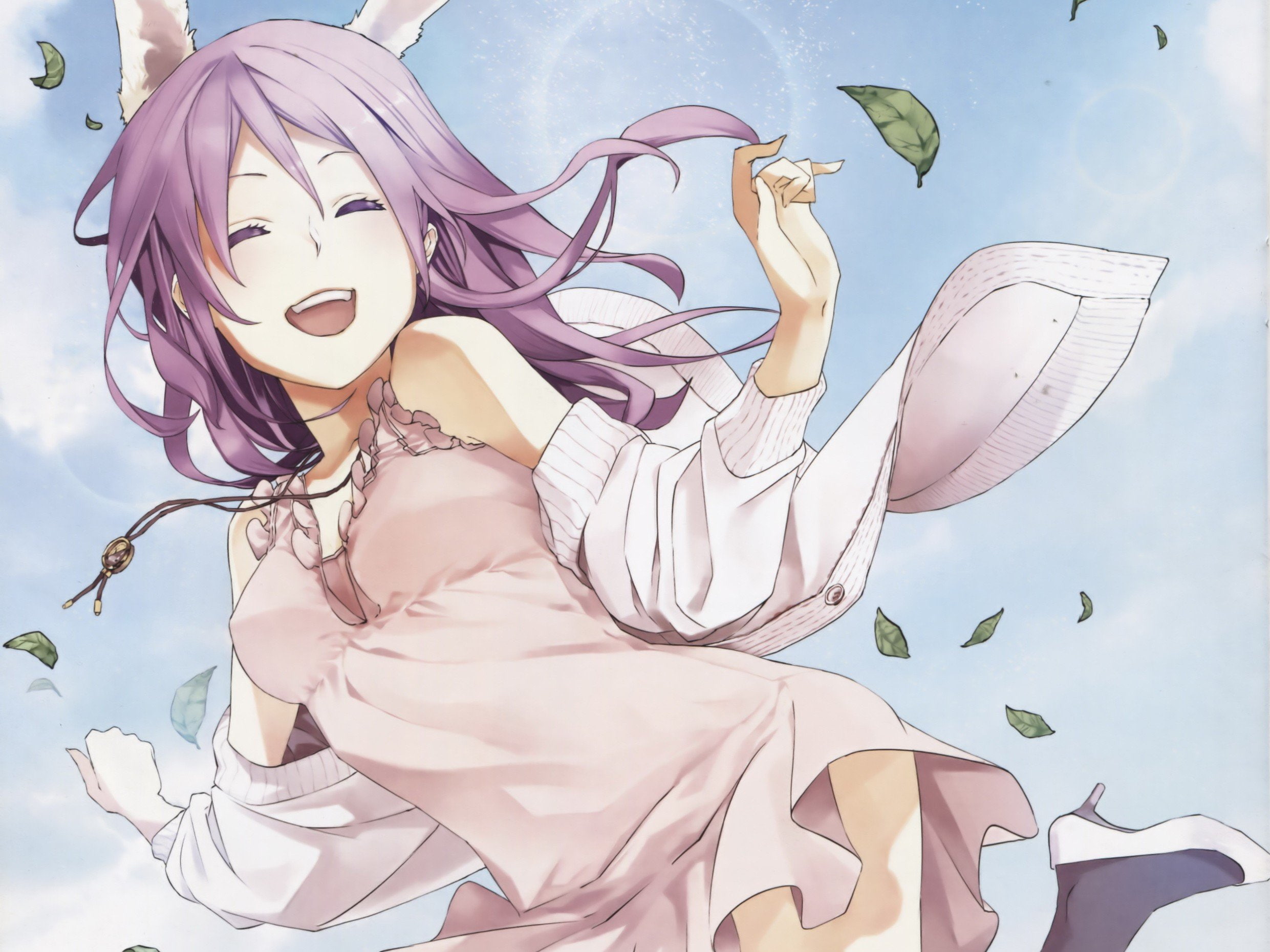 open, highs, 1080P, touhou, video, leaves, thigh, udongein, necklaces, jackets, dress, eyes, smiling, ears, happy, hair, heels, inaba, purple, closed, HD Wallpaper