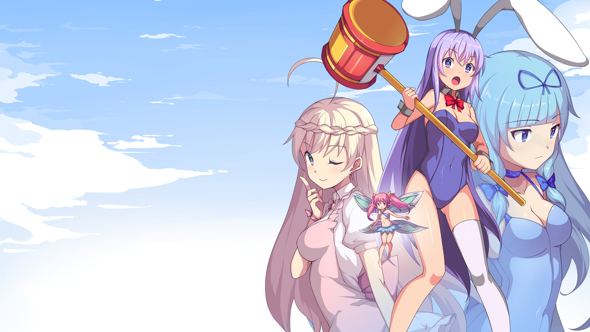 clouds, hair ribbon, white thigh highs, hammer, long hair, Rita (Rabi-Ribi), anime games, anime, sky, apron, purple hair, MIriam, video game girls, blue hair, HD Wallpaper