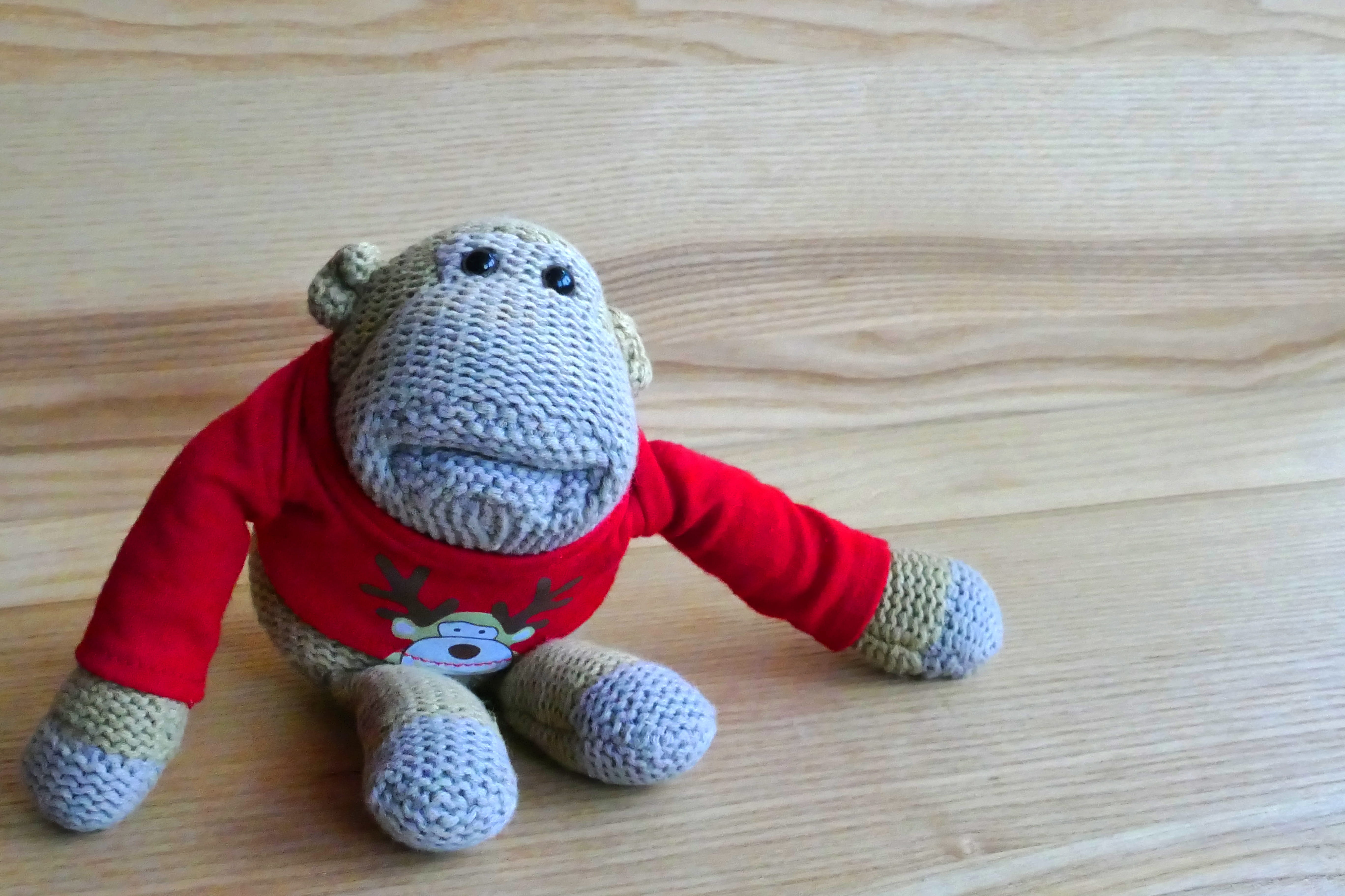 wooden, holiday, child, hat, animal, red, stuffed toy, Stuffed, Happy, year, one person, happy, knit, clothing, 5K, crochet, high angle view, indoors, HD Wallpaper
