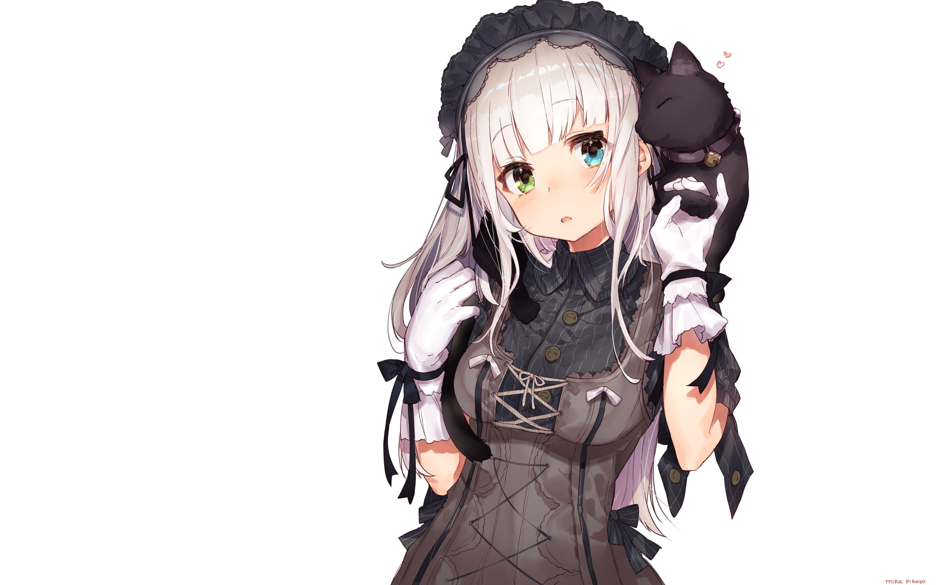 neko, looking at camera, gloves, cut out, headband, Anime, anime girl, front view, 1080P, three quarter length, heterochromia, one person, portrait, standing, HD Wallpaper