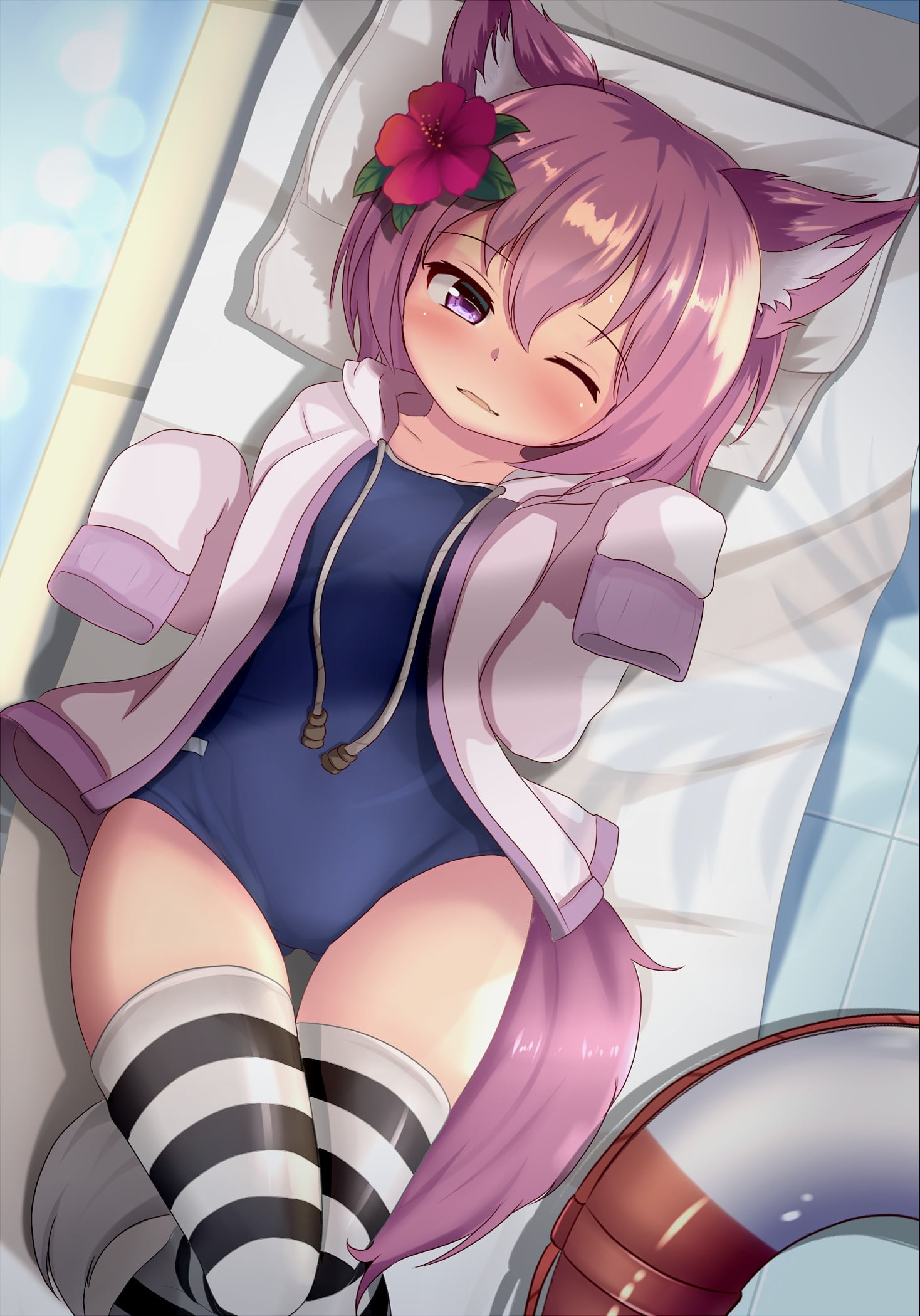 loli, pink color, reflection, beauty, lifestyles, purple, representation, wink, no people, celebration, hair ornament, animal ears, in bed, stockings, 1080P, Phone HD Wallpaper