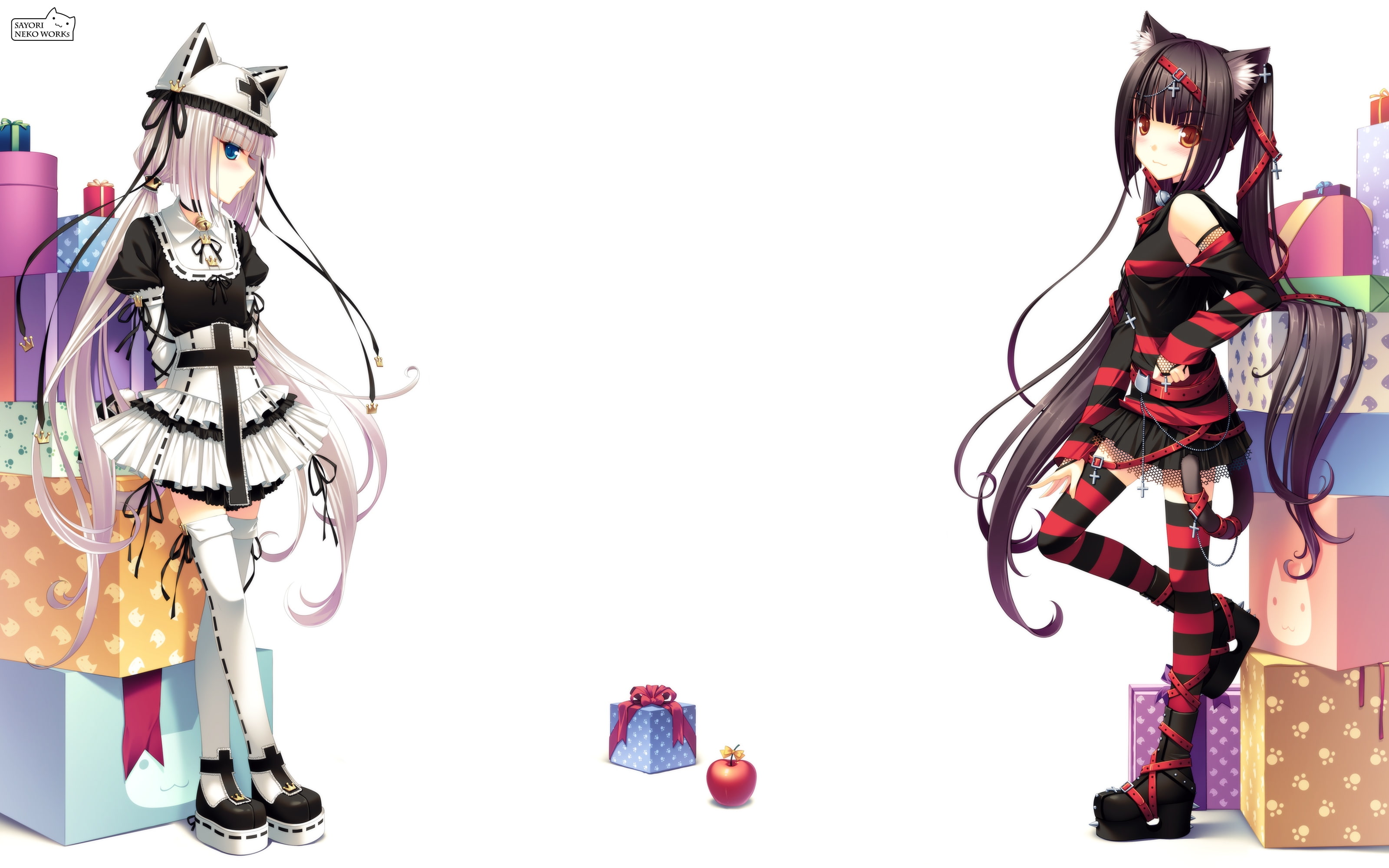 choker, boots, hair, original, nekopara, ribbons, goth, dress, white, neko, 2K, loli, catgirl, vanilla, sayori, crown, apple, chocola, food, eyes, skirt, HD Wallpaper