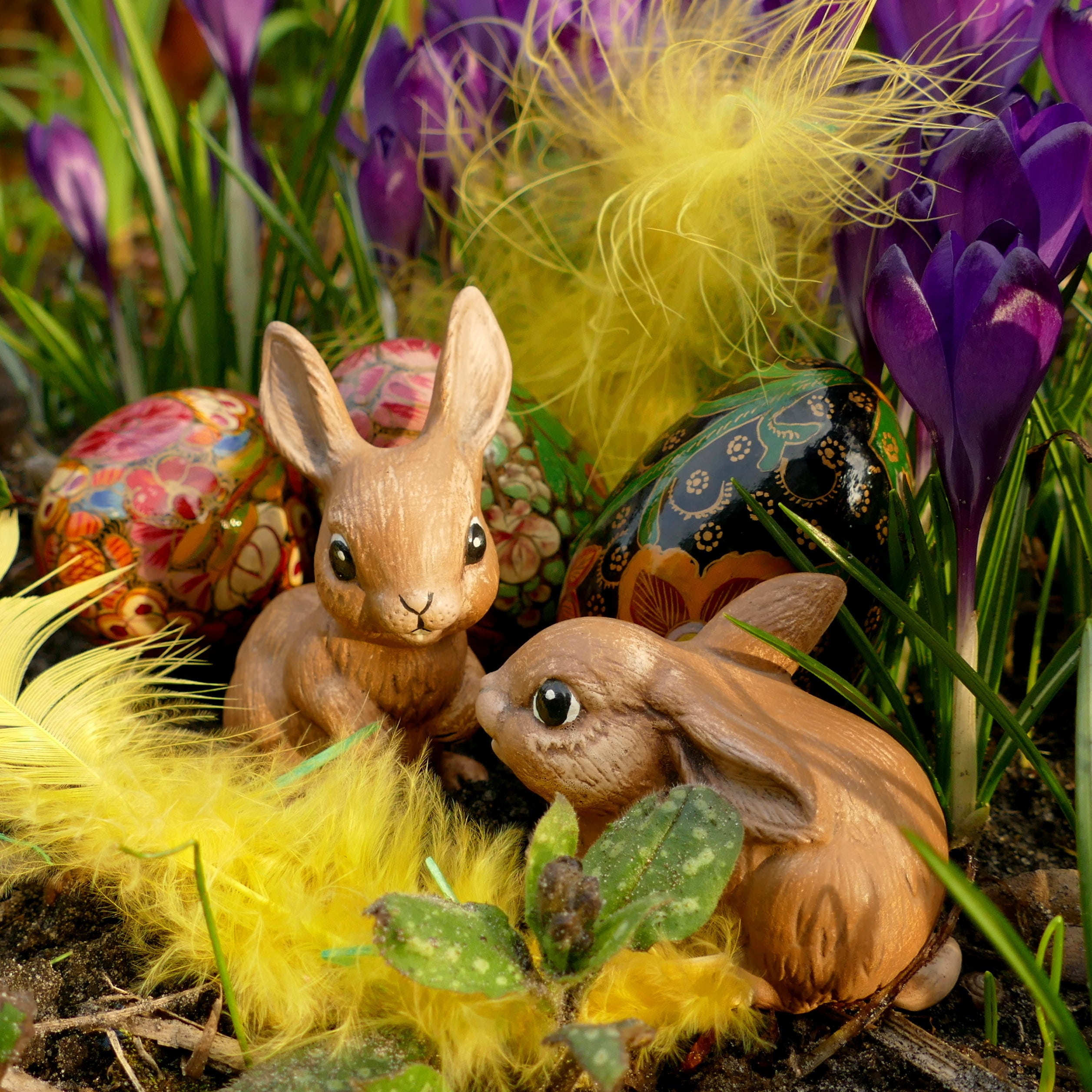 mammal, funny, holiday, nature, toy, flower, two, rabbits, close-up, figures, vertebrate, animal wildlife, animal themes, representation, rabbit - Animal, Phone HD Wallpaper