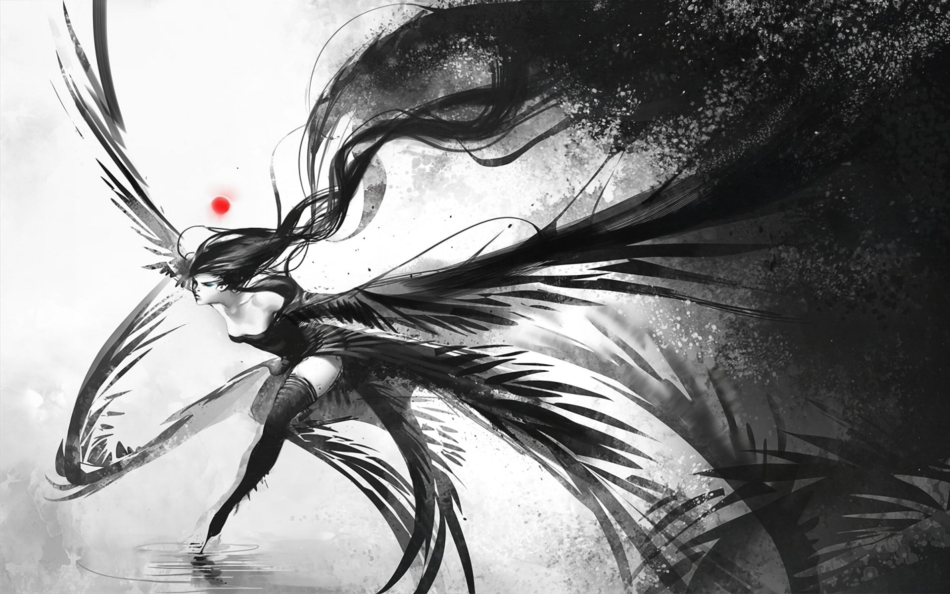 fantasy, 1920x1200 px, px, long, Black, monochrome, water, thigh, sunsets, wome, hd, white, x, art, hair, nature, women, Running, Dress, 1080P, wings, HD Wallpaper