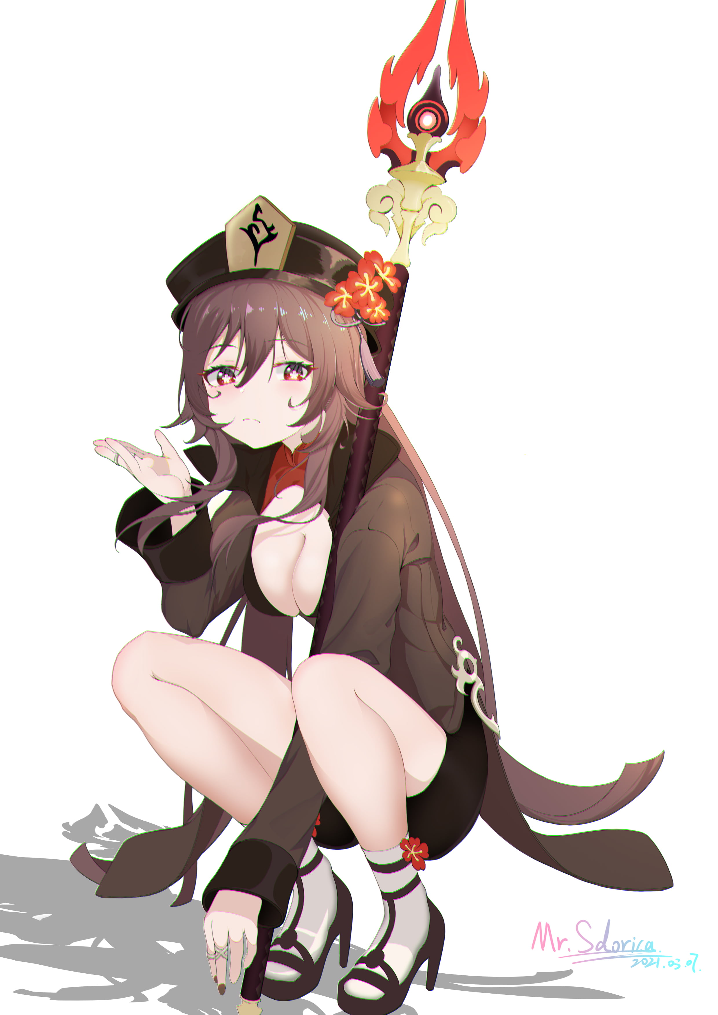 socks, anime girls, thighs, Hutao(Genshin Impact), cleavage, Mr.sdorica, 2K, Genshin Impact, Phone HD Wallpaper
