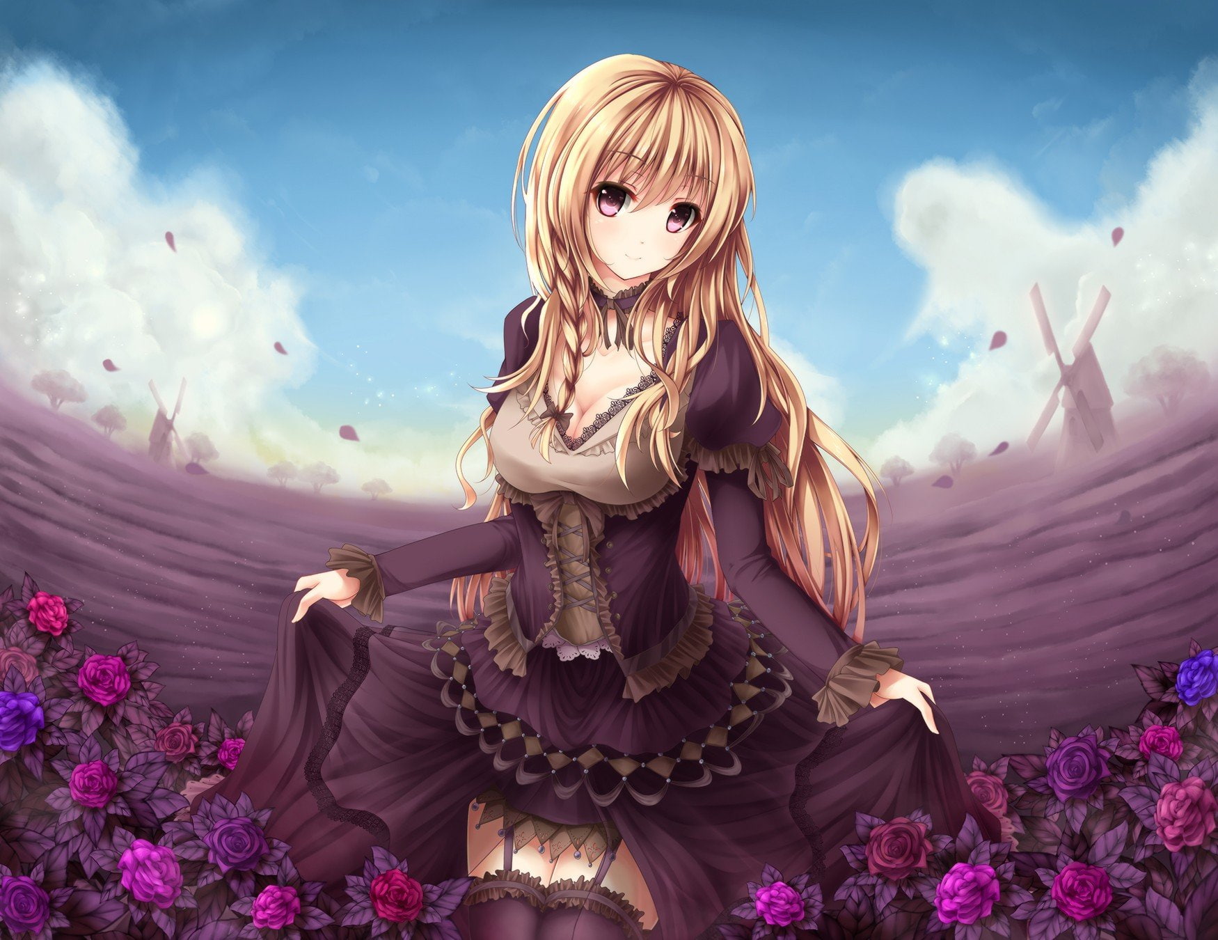 women, thigh, 720P, Blonde, anime, Anime Girls, Original Characters, Wsman, highs, Windmills, Long Hair, flowers, HD Wallpaper