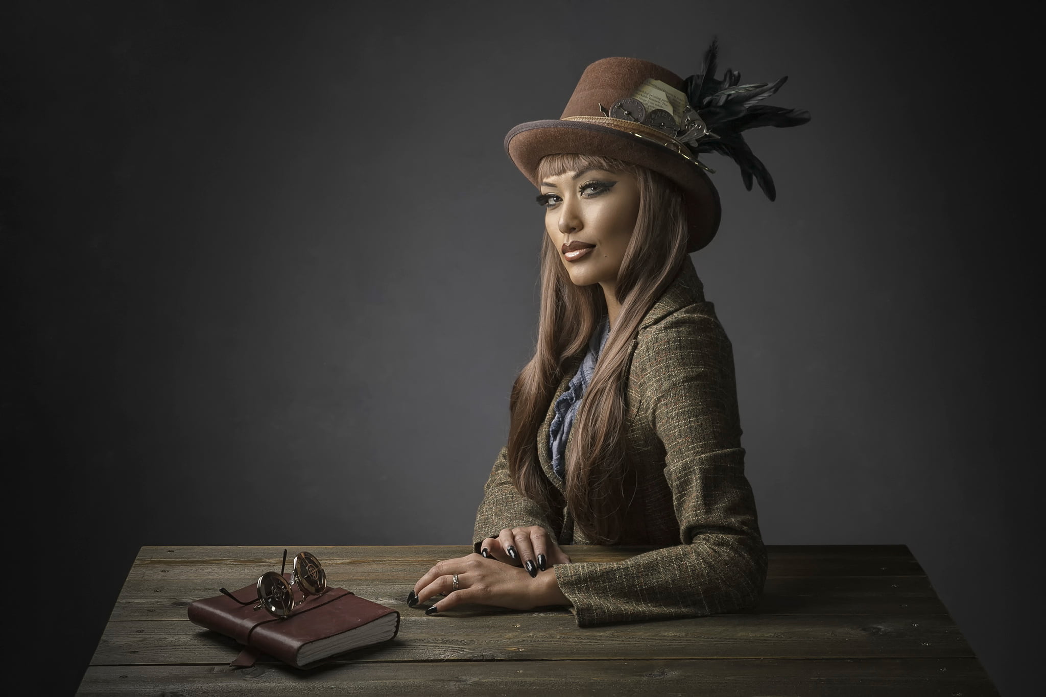 table, lifestyles, leisure activity, contemplation, s, beauty, indoors, Studio, steampunk, real people, hairstyle, one person, women, young women, adult, HD Wallpaper