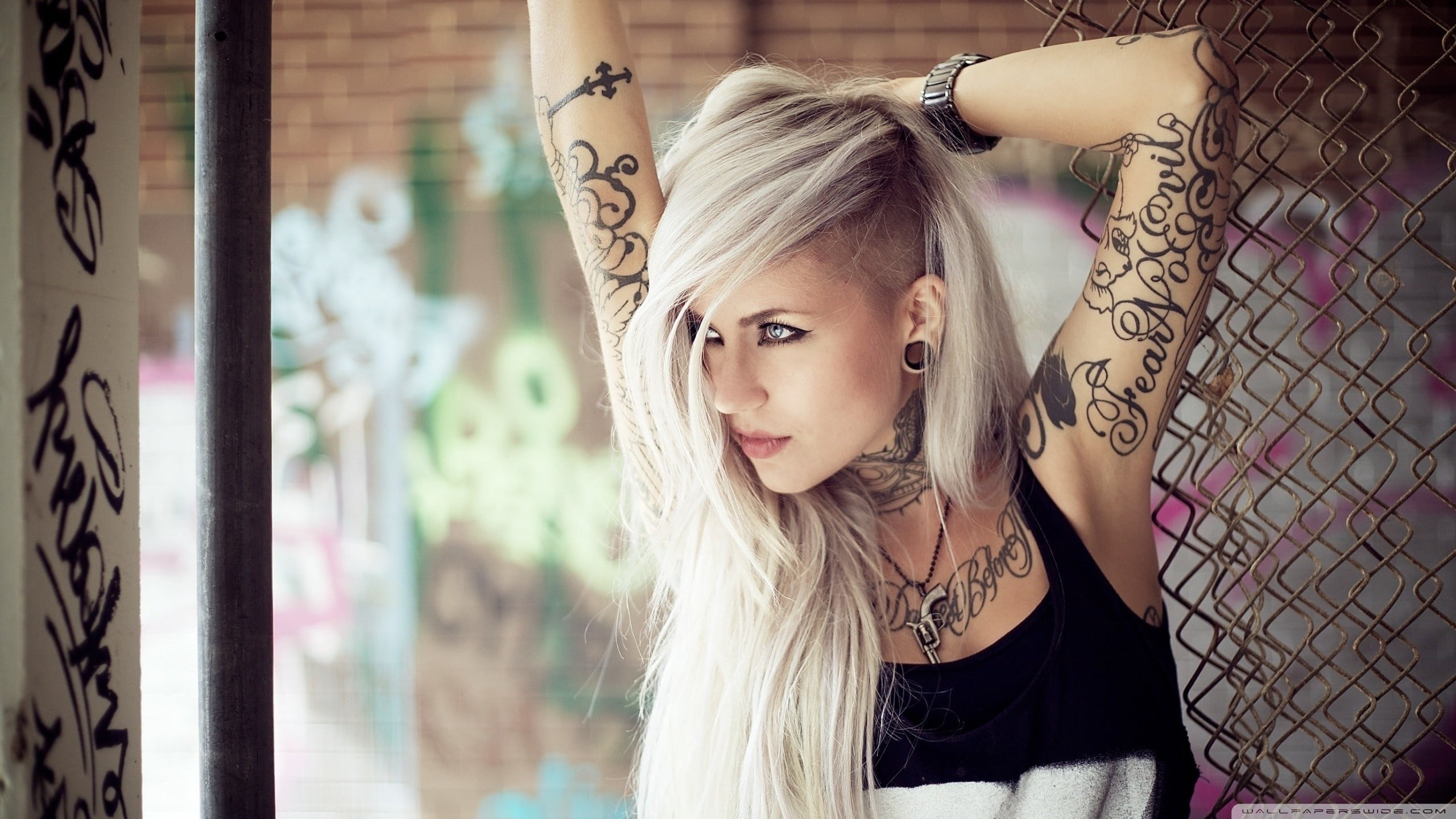 young adult, model, looking, arms up, black, blond hair, front view, blonde, bracelets, tattoo, one person, women, beauty, hair, waist up, hairstyle, long hair, HD Wallpaper