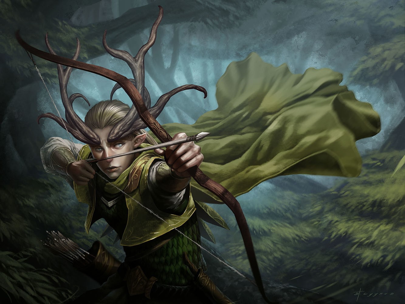 elves, bow, 720P, horns, archer, fantasy art, HD Wallpaper