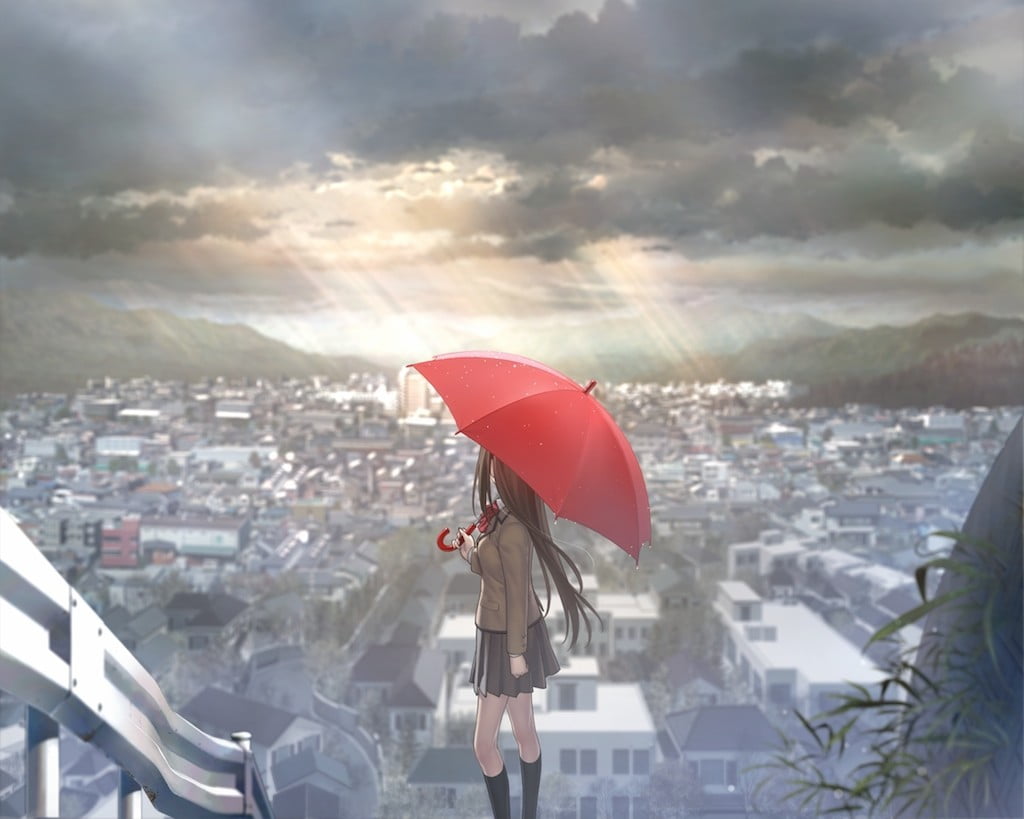 sky, cloud - sky, protection, red, city, alone, built structure, day, looking at view, cityscape, nature, security, architecture, anime girls, sunlight, HD Wallpaper