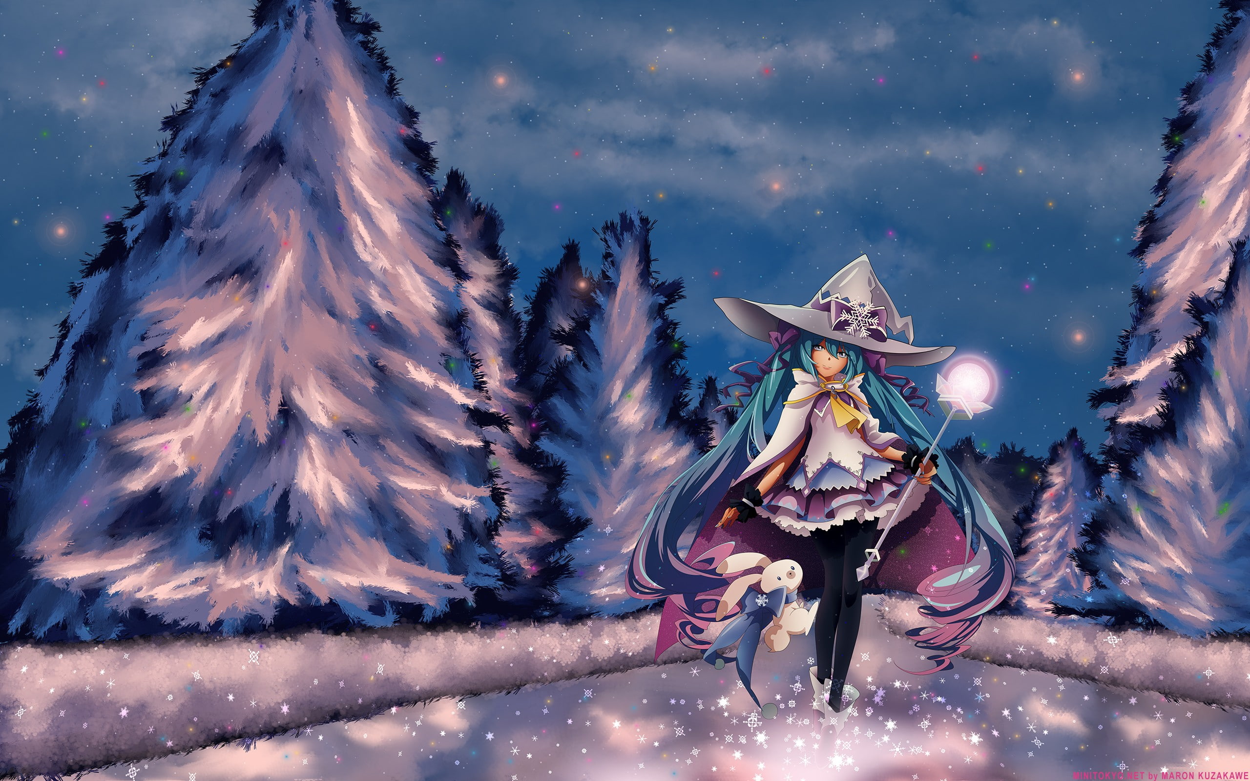 Hatsune Miku, Yuki Miku, snow, anime girls, winter, Vocaloid, 2K, aqua hair, hat, long hair, anime, HD Wallpaper