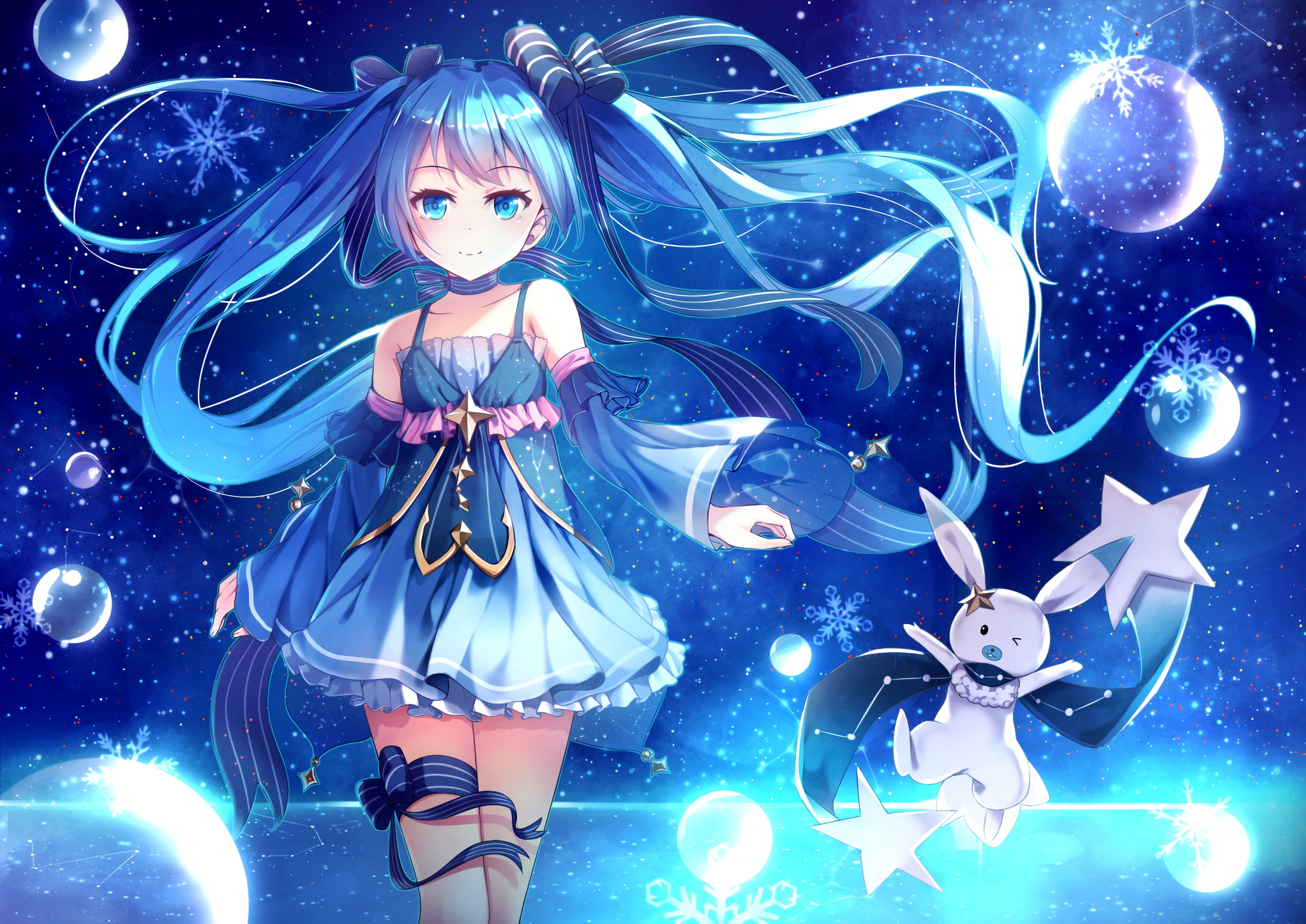 Yuki Miku, 1080P, blue hair, Hatsune Miku, long hair, anime, snow, Vocaloid, dress, twintails, anime girls, choker, blue eyes, HD Wallpaper