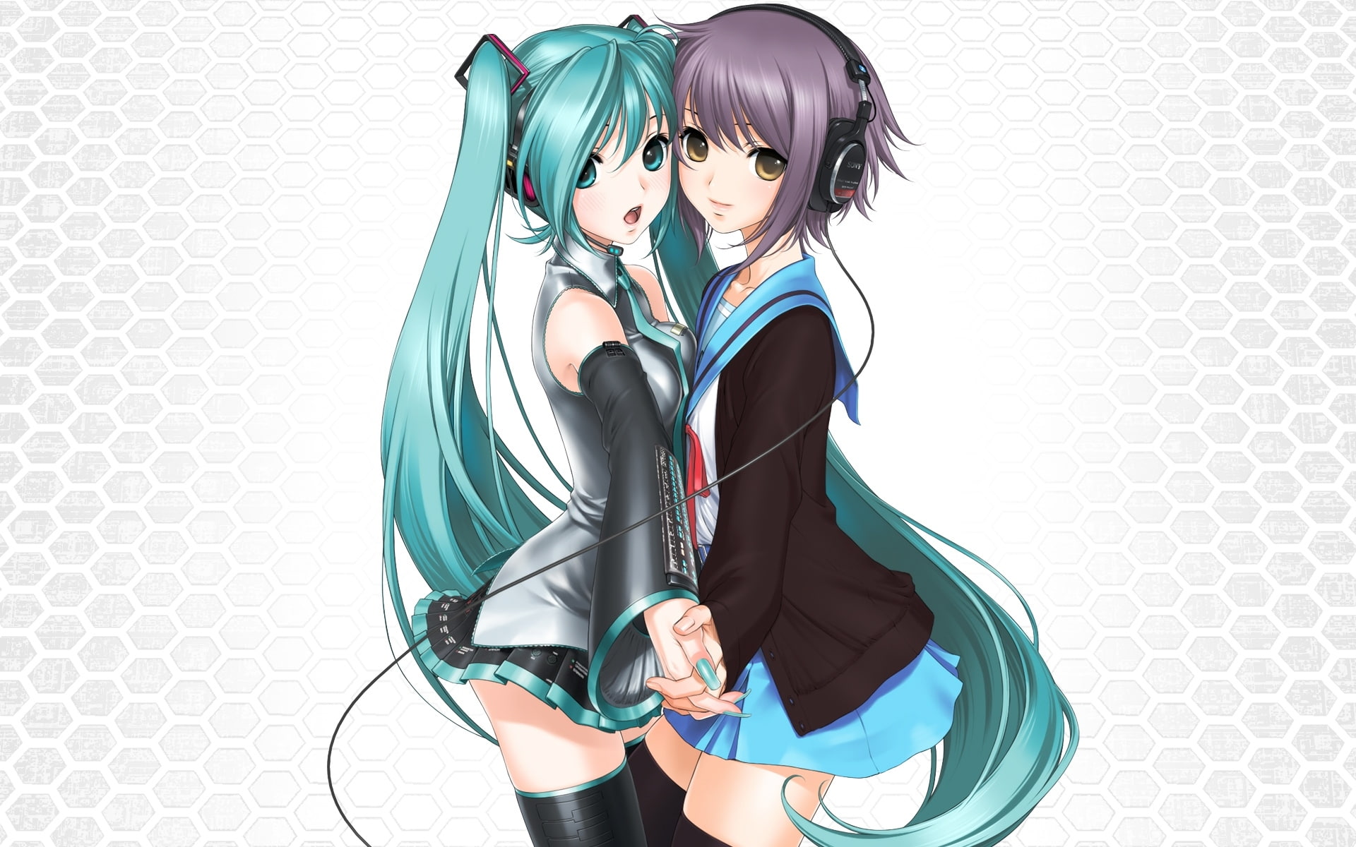 anime, headphones, melancholy, haruhi, hd, vocaloid, hot, suzumiya, 1080P, skirts, aqua, hatsune, miku, yuki, eyes, nagato, art, HD Wallpaper