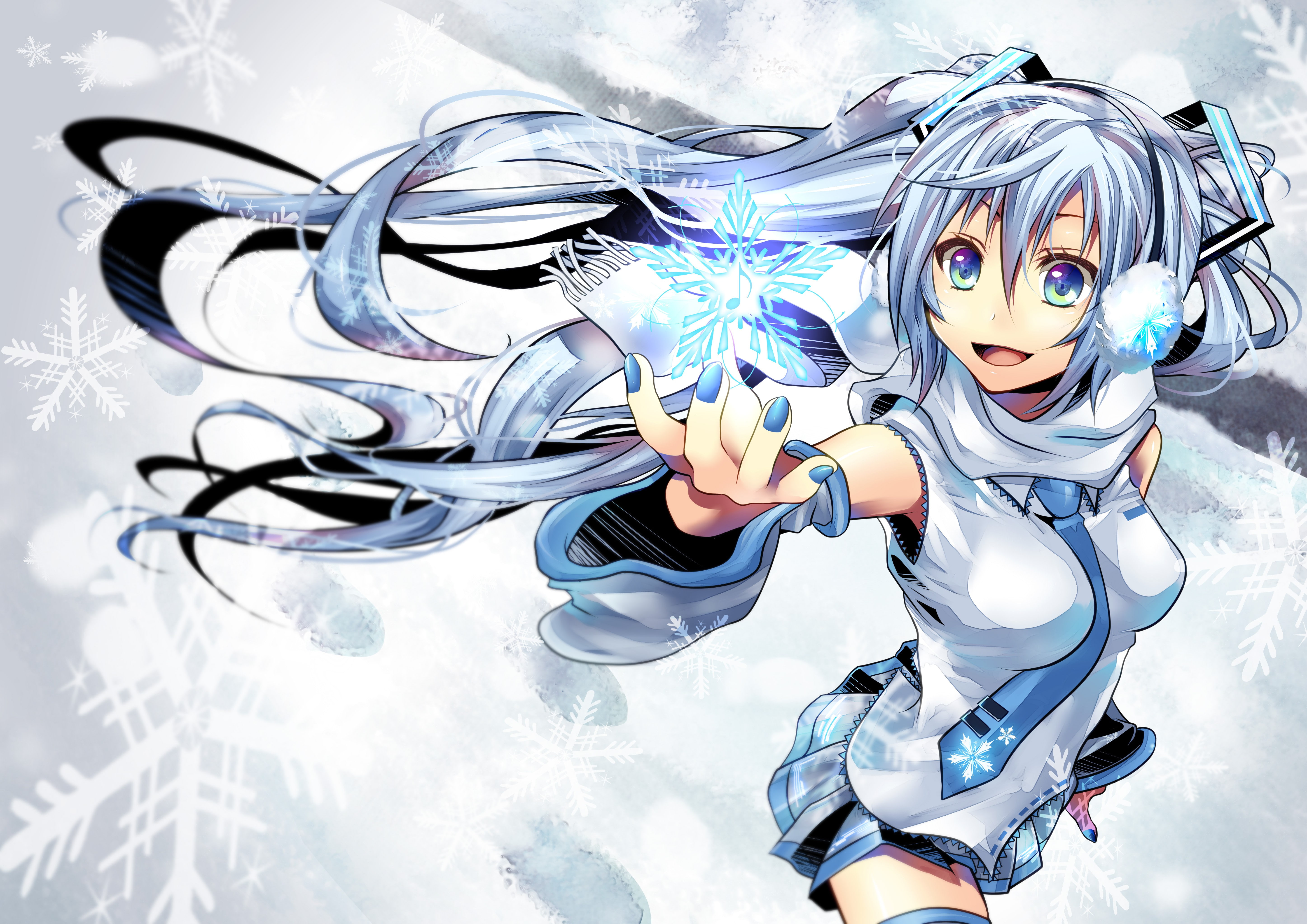 sleeves, detached, ornaments, winter, girls, tie, hatsune, aqua, thigh, bare, blue, mouth, scarfs, anime, vocaloid, polish, highs, nail, fanmade, twintails, HD Wallpaper