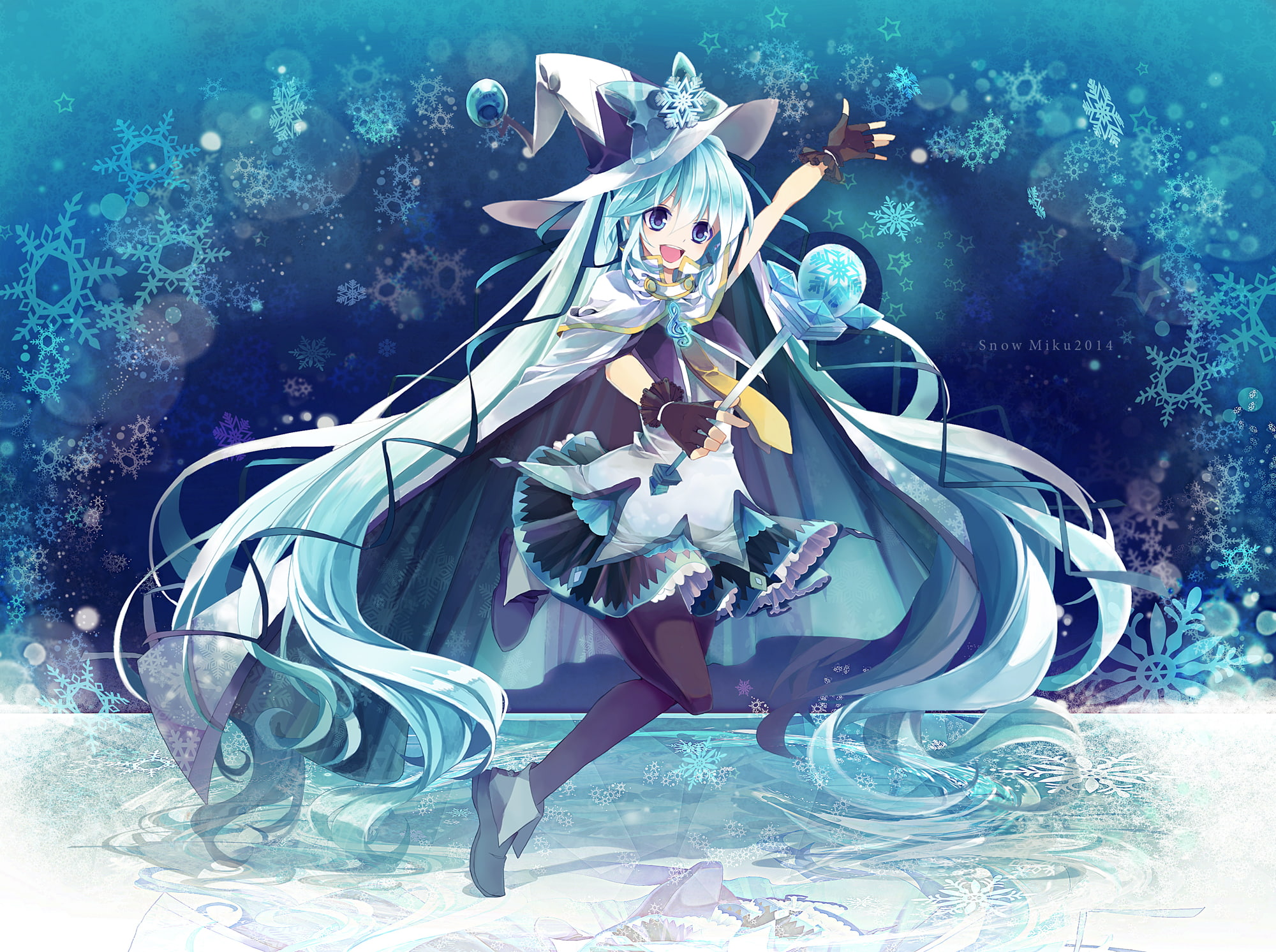 miyanagi, hat, hair, vocaloid, hatsune, miku, witch, eyes, yuki, long, 1080P, gloves, wand, blue, HD Wallpaper