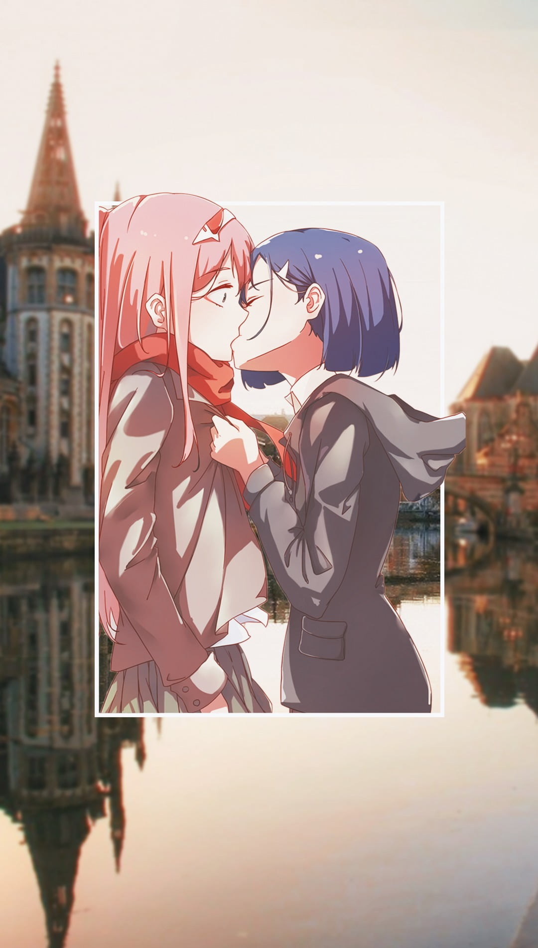 building exterior, day, Zero Two (Darling in the FranXX), 720P, women, picture-in-picture, unrecognizable person, architecture, kissing, nature, water, Phone HD Wallpaper