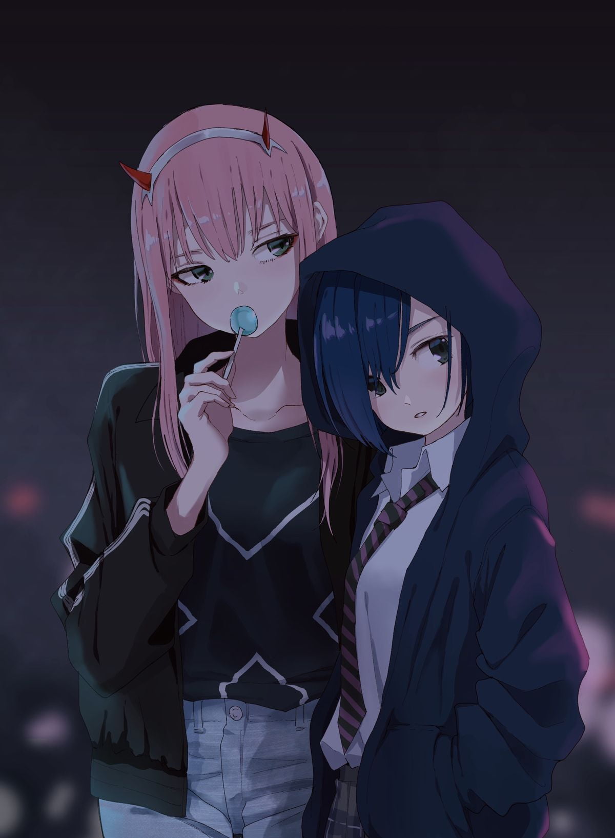 Zero Two (Darling in the FranXX), 720P, pink hair, night, blue hair, Ichigo (Darling in the FranXX), Black clothes, Phone HD Wallpaper
