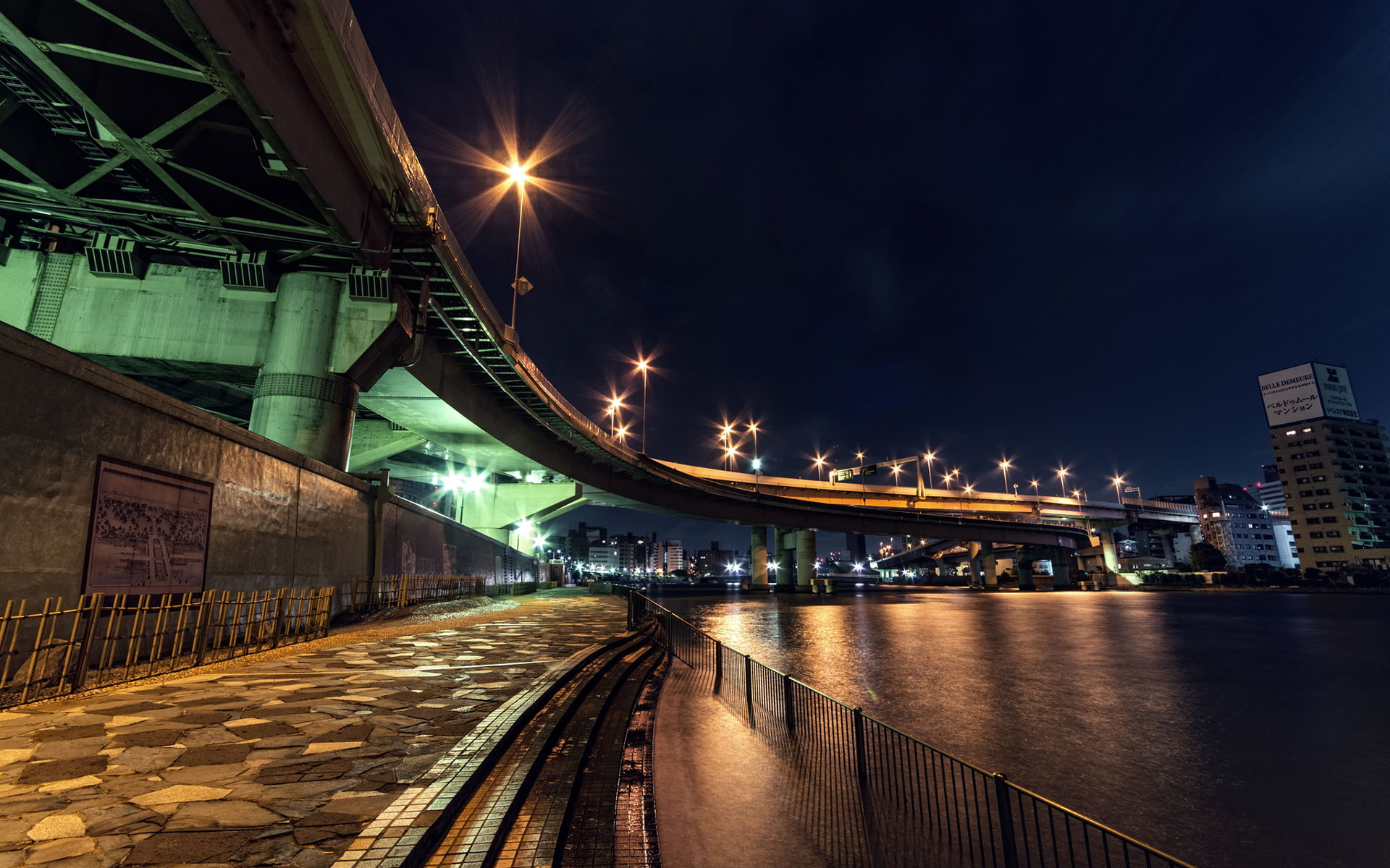 lights, 1080P, bridge, night, cityscape, hd, city, overpass, HD Wallpaper
