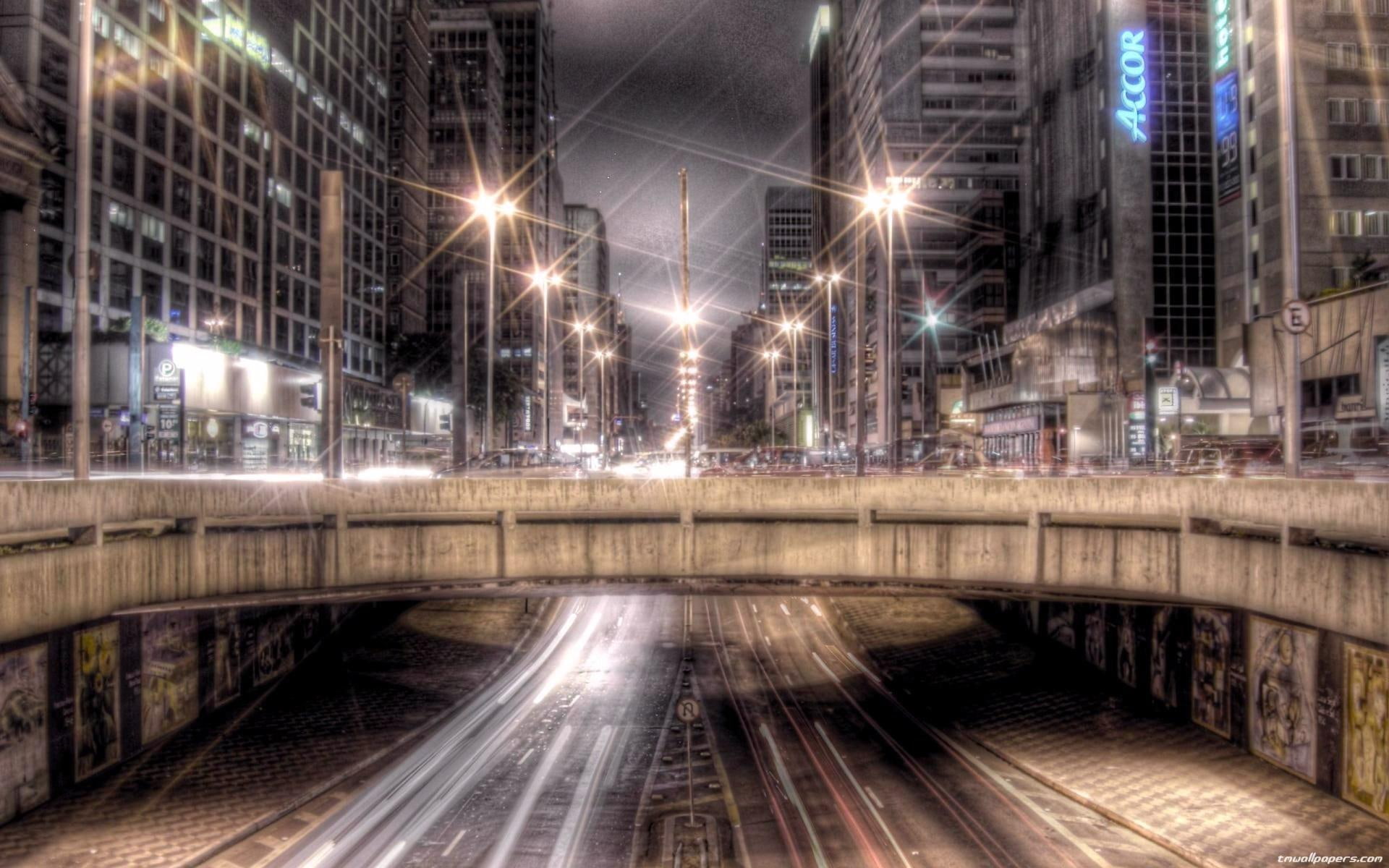 hdr, city, late, highway, night, nature and landscapes, 1080P, lights, overpass, HD Wallpaper