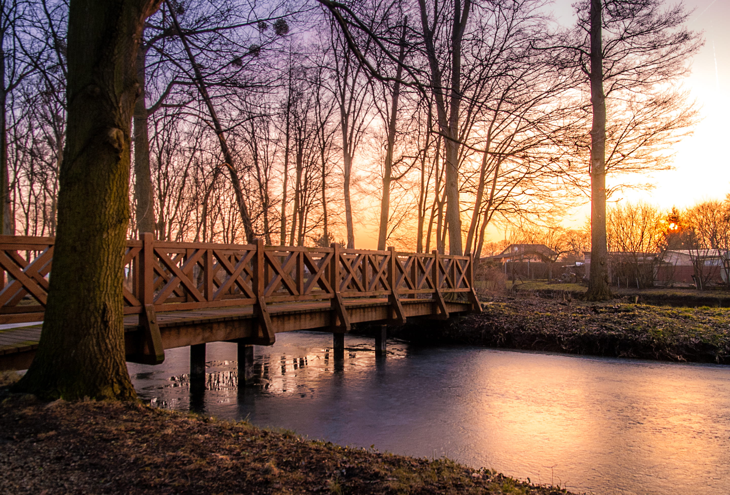 dusk, nature, river, overpass, beside, green, arch bridge, scenics - nature, no people, bridge, 2K, trees, bridge - man made structure, wooden, connection, HD Wallpaper