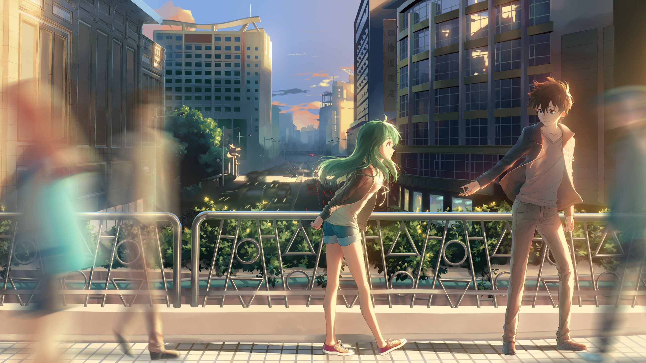 sunshine, Anime, overpass, 2K, scenic, buildings, anime couple, HD Wallpaper