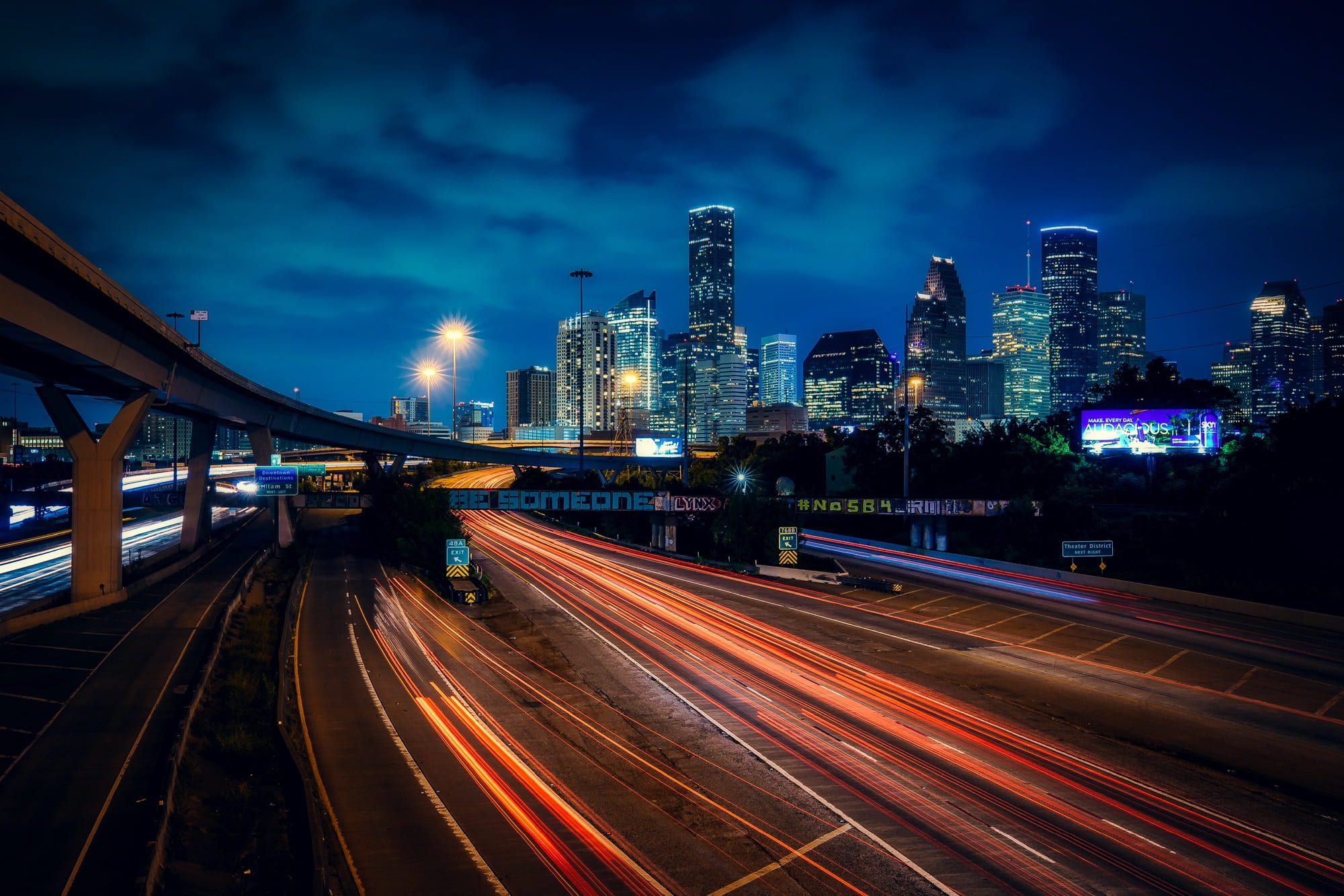 lapse, lights, cloud - sky, skyline, office building exterior, urban, bridge - man made structure, speed, buildings, skyscraper, built structure, multiple lane highway, HD Wallpaper