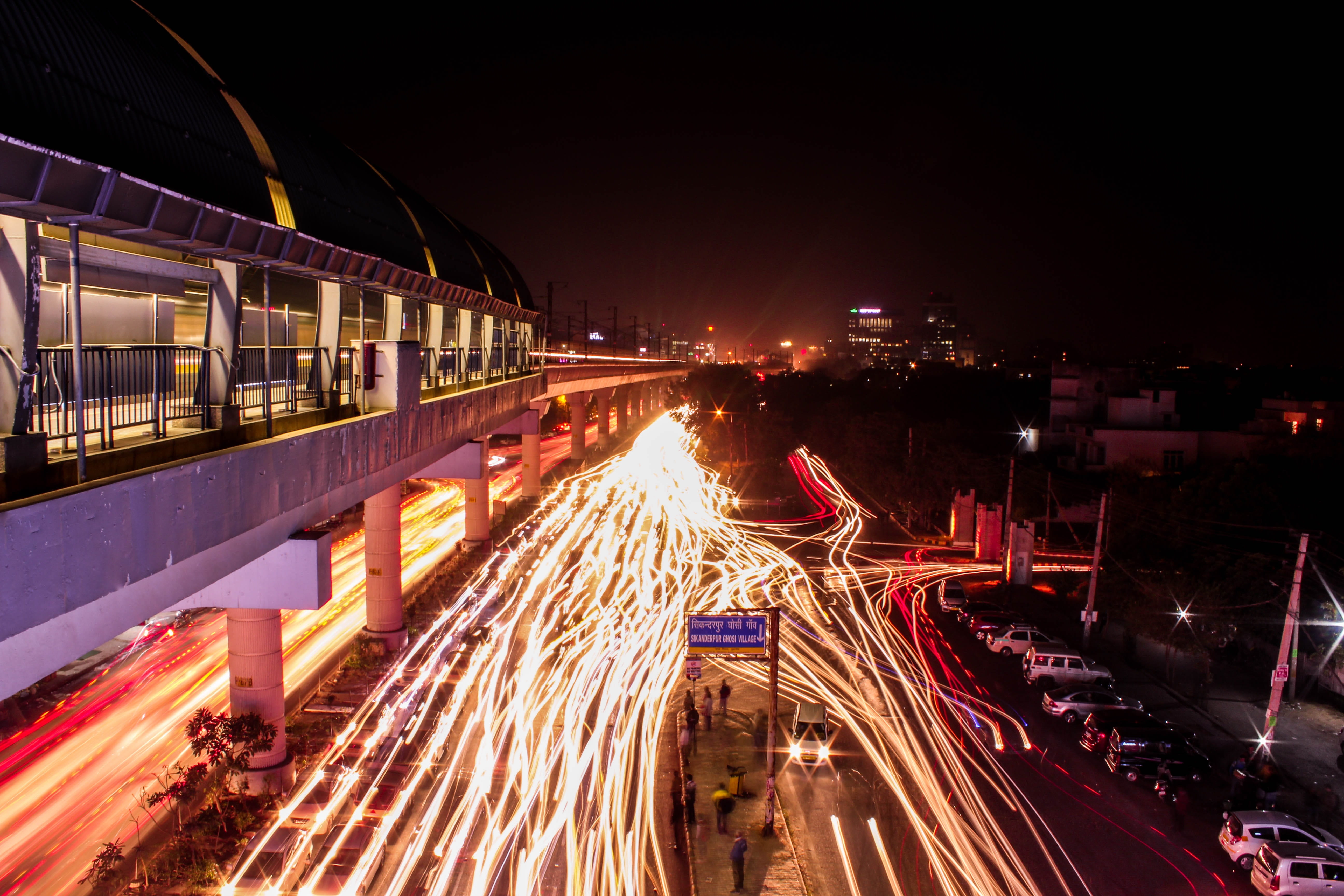 busy, Gurgaon, architecture, night, light - natural phenomenon, building exterior, connection, built structure, motion, city life, light, light trail, nighttime, HD Wallpaper