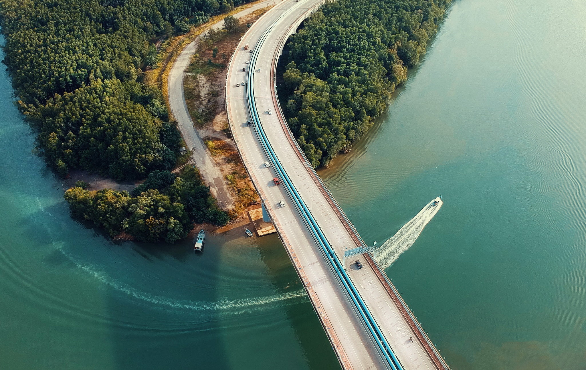 plant, architecture, Pok Rie, road, bay, car, gray, built structure, no people, transportation, turquoise colored, forest, connection, trees, boat, scenics - nature, HD Wallpaper