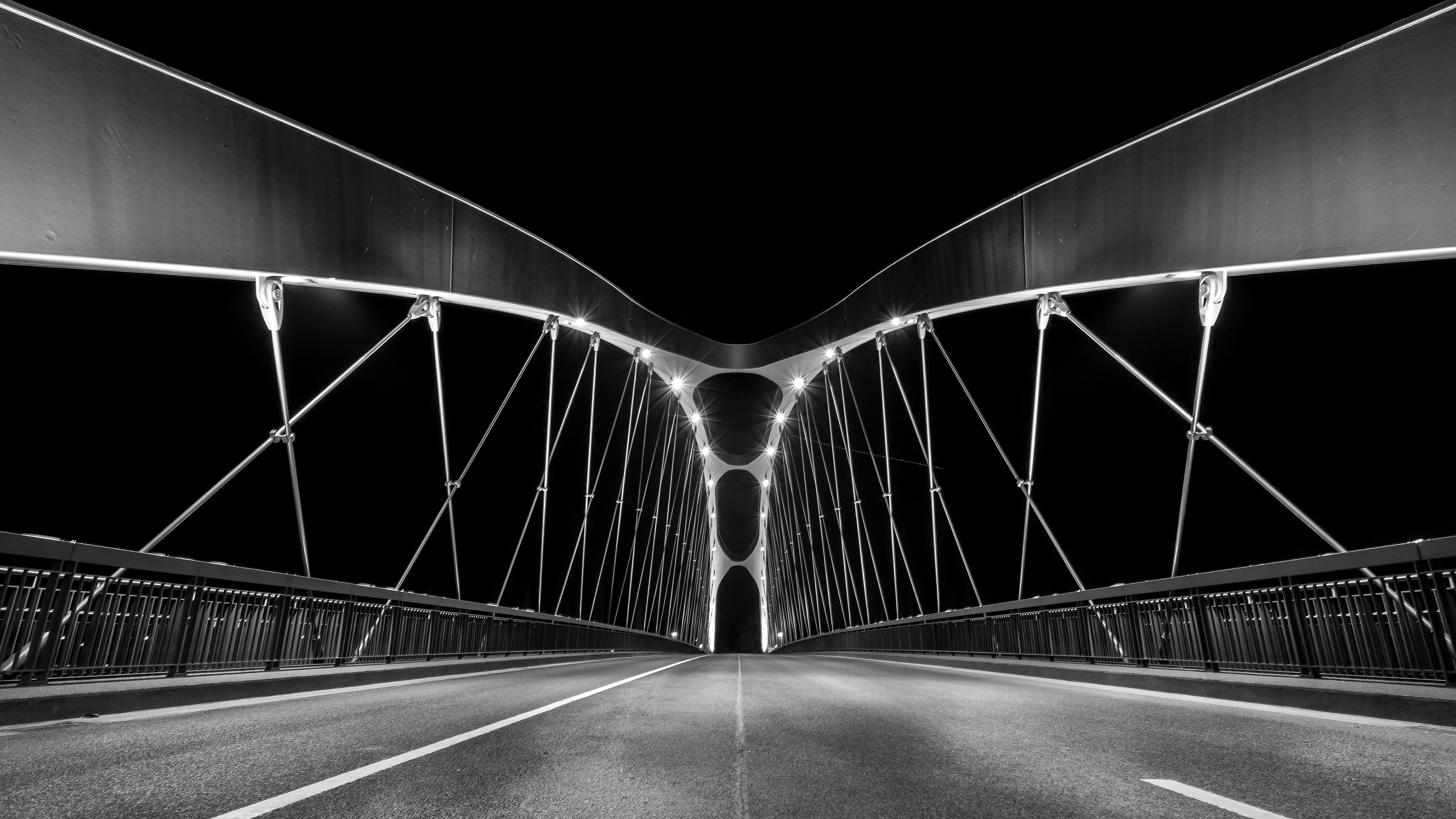 night, vanishing point, diminishing perspective, Frankfurt, direction, illuminated, nature, connection, gray, 4K, bridge, suspension, sky, built structure, HD Wallpaper