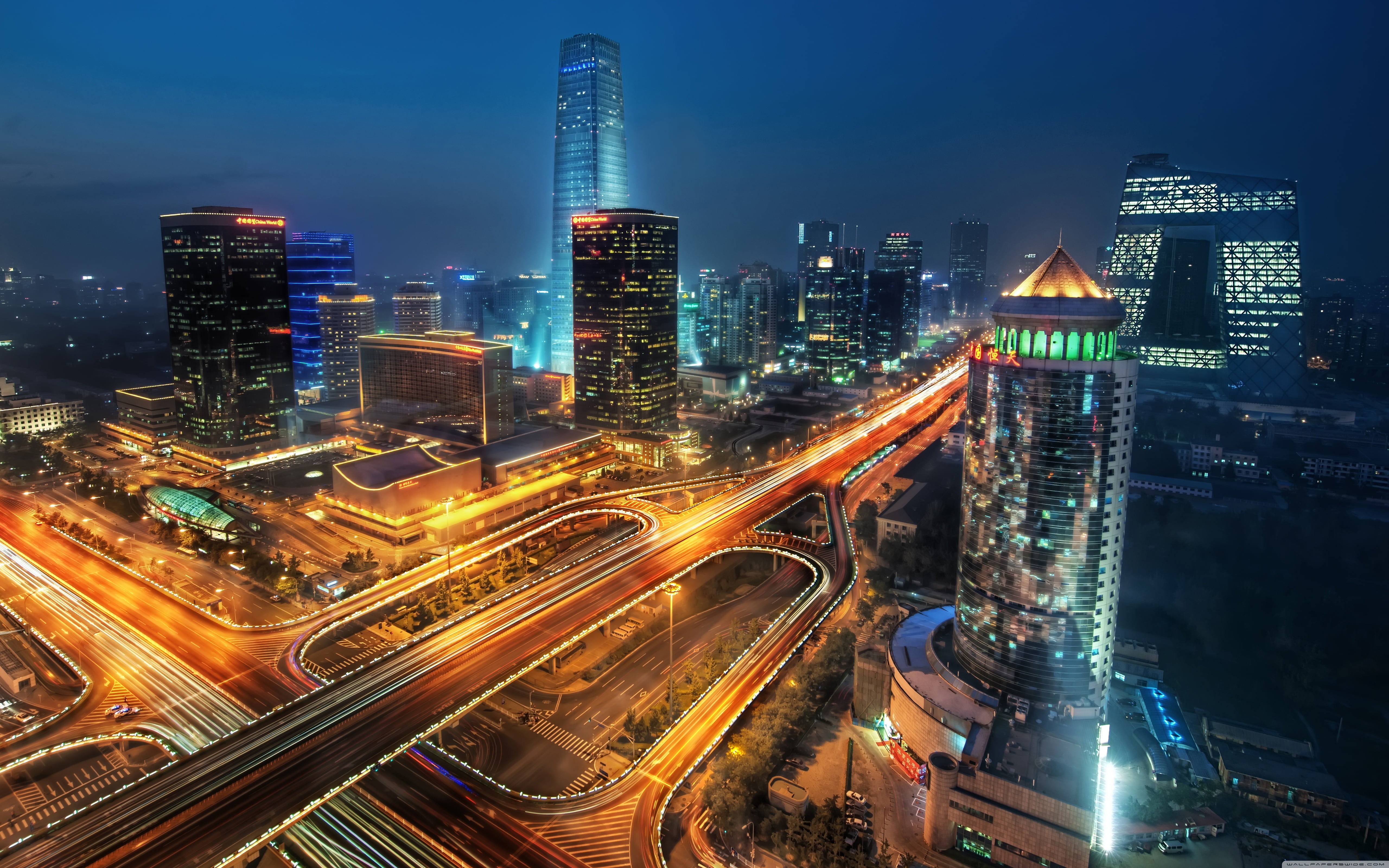 sky, built structure, beijing, motion, architecture, tall - high, development, light trail, road, unusual, night, hd, financial district, desktop, no people, HD Wallpaper