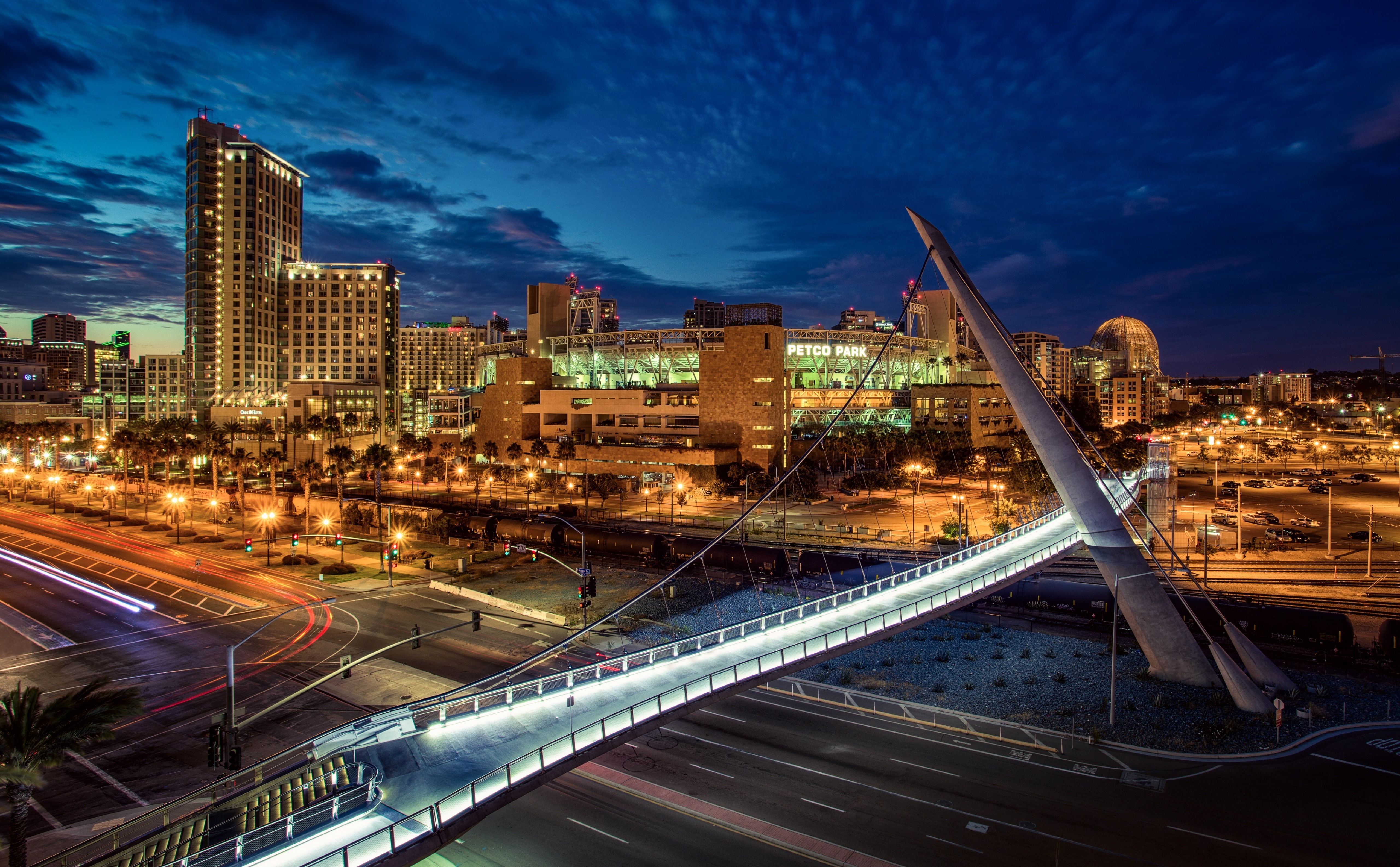 cityscape, san, cloud - sky, motion, no people, light trail, park, modern, sky, California, bridge - man made structure, speed, office building exterior, HD Wallpaper