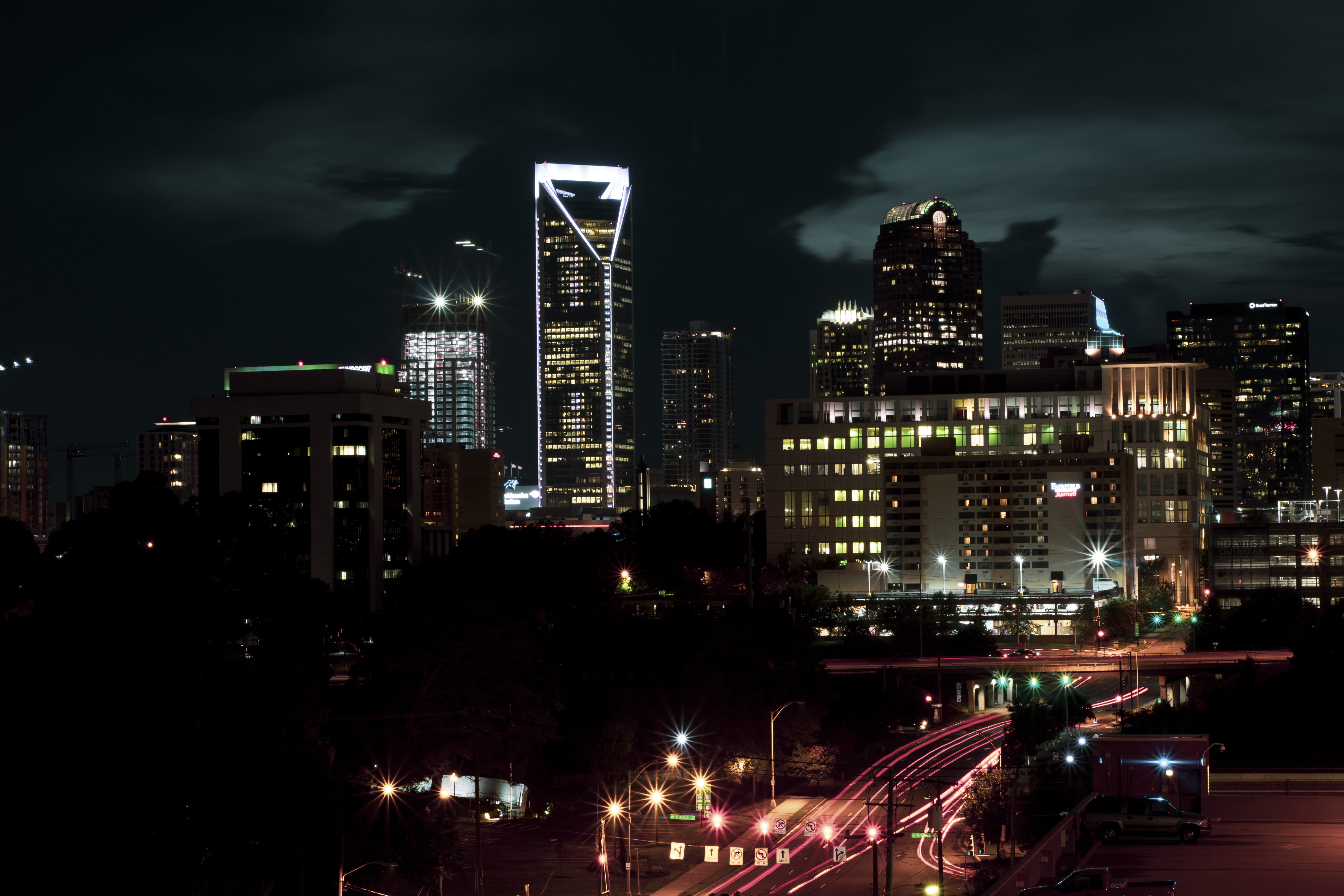 asphalt, high rise, modern, sky, urban, architecture, cityscape, photography, financial district, north carolina, charlotte, road, office building, 5K, HD Wallpaper