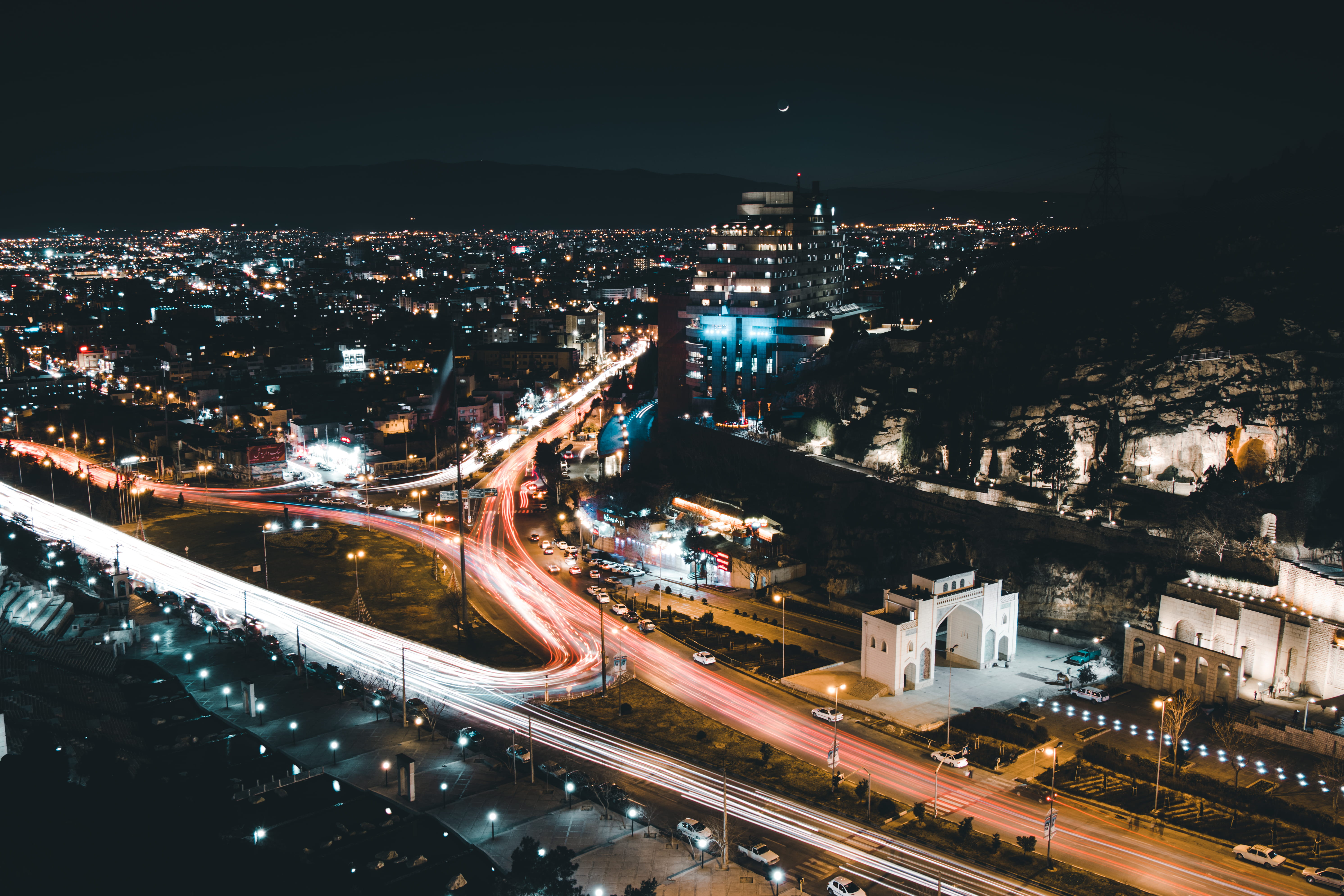 long exposure, overpass, built structure, aerial, sky, cars, office building exterior, longexposure, hotel, 5K, transportation, illuminated, intersection, HD Wallpaper