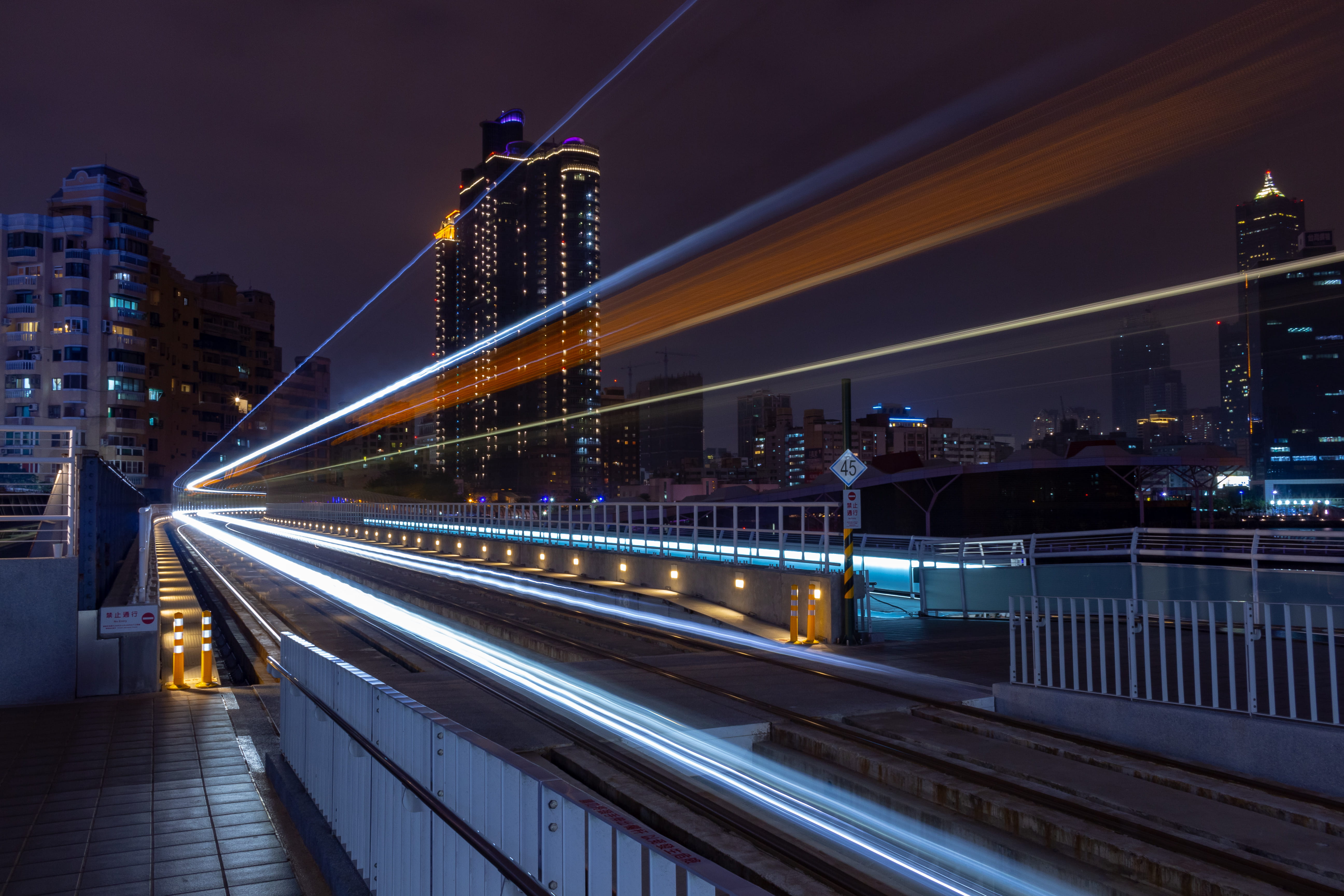 taiwan, love pier lrt station, overpass, banister, path, building, illuminated, motion, kaohsiung, bridge, speed, office building exterior, light trail, HD Wallpaper