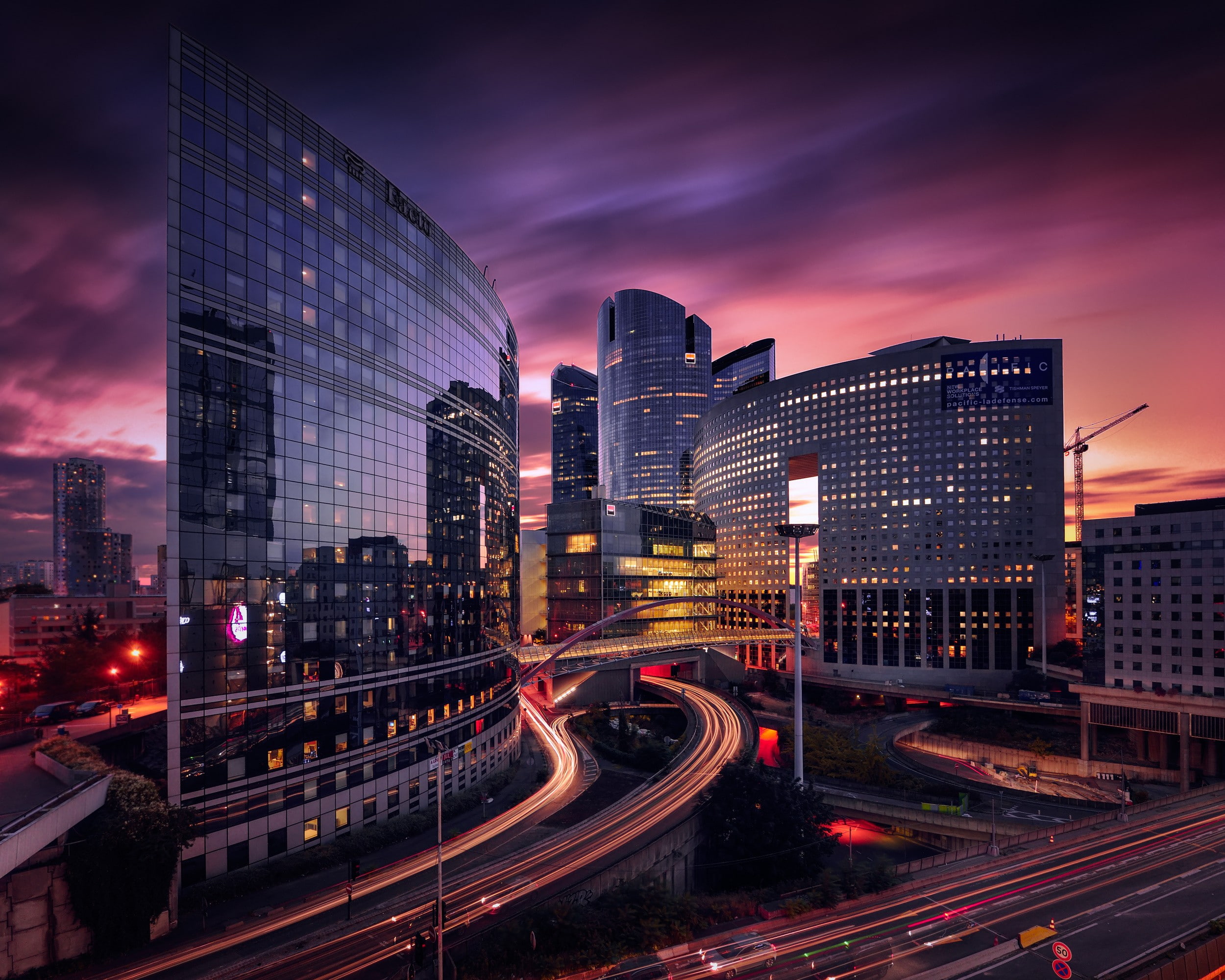 overpass, urban, 1080P, road, building, architecture, modern, long exposure, sky, Paris, Europe, sunset, glass, France, lights, highway, HD Wallpaper