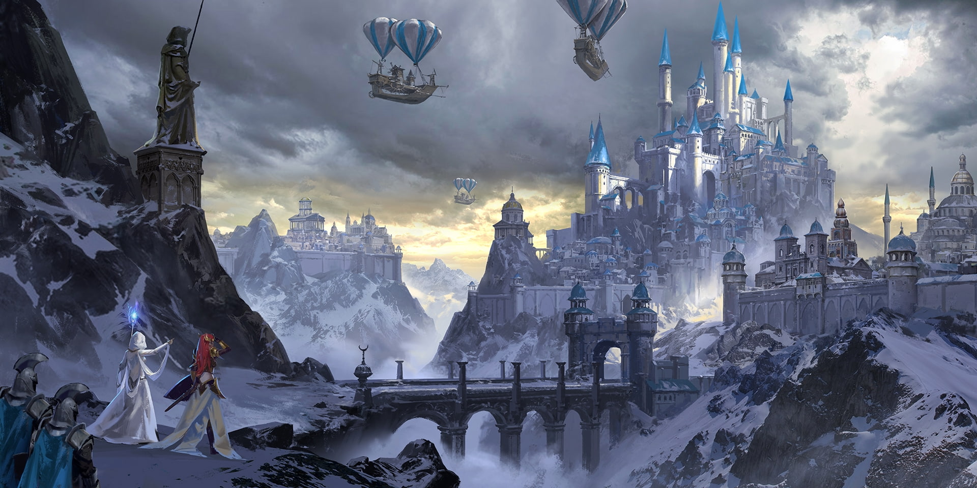 built structure, tourism, winter, place of worship, architecture, 1080P, fantasy world, cold temperature, floating ships, sky, knights, building exterior, HD Wallpaper