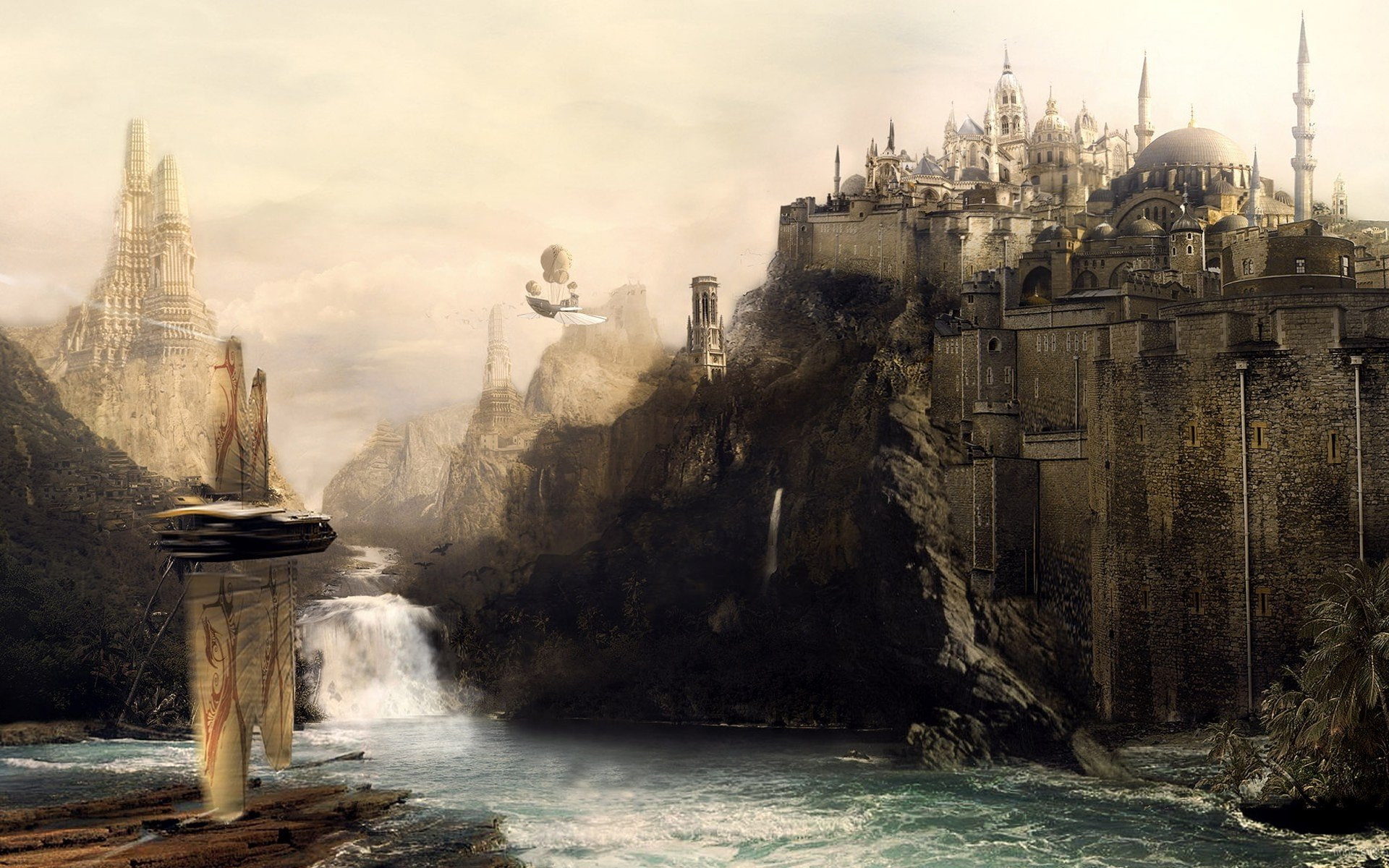 the, Floating, 1080P, sea, Fantas, Around, castle, Ships, HD Wallpaper