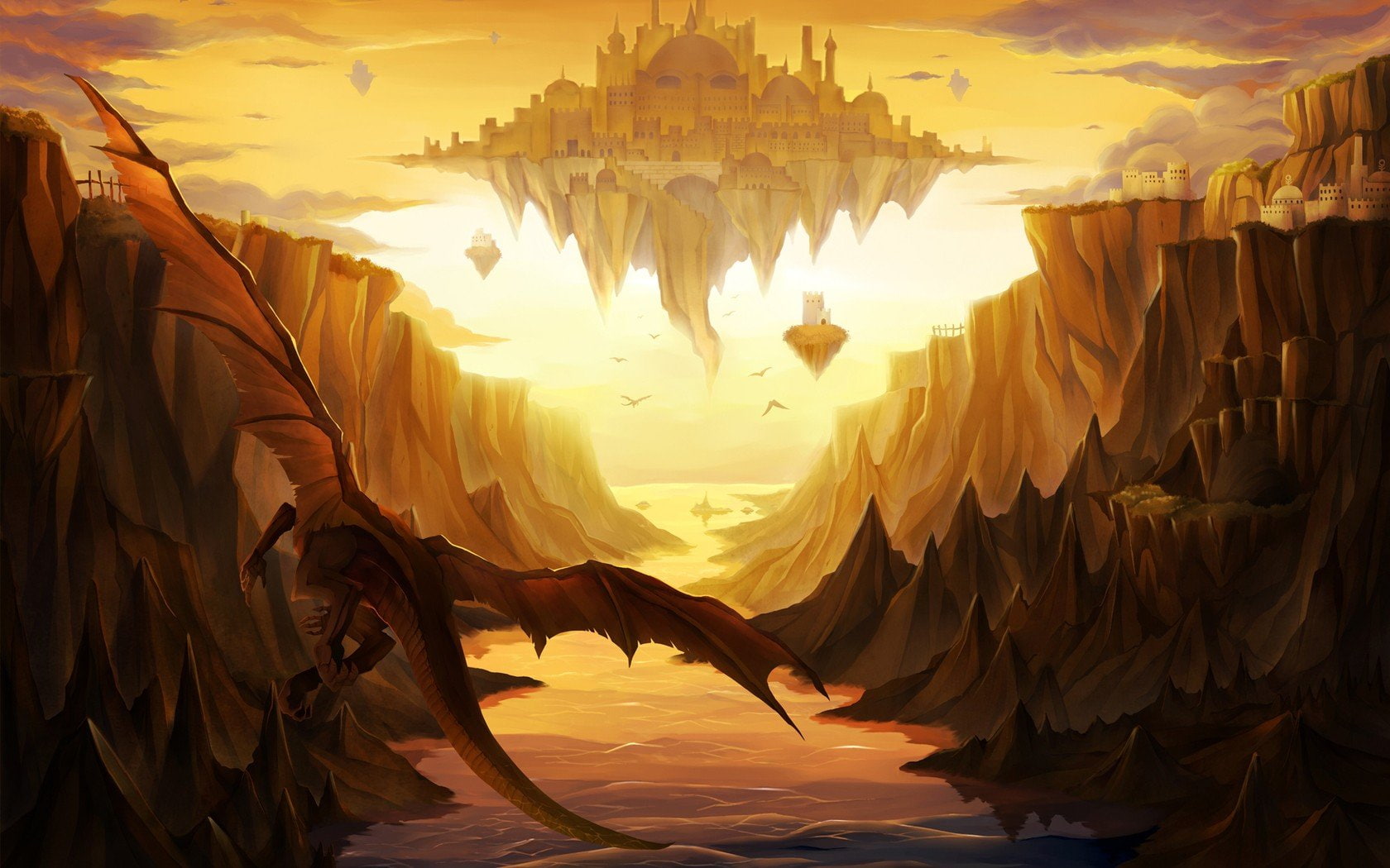 fantasy, dragons, art, 720P, rocks, valleys, islands, castles, floating, HD Wallpaper