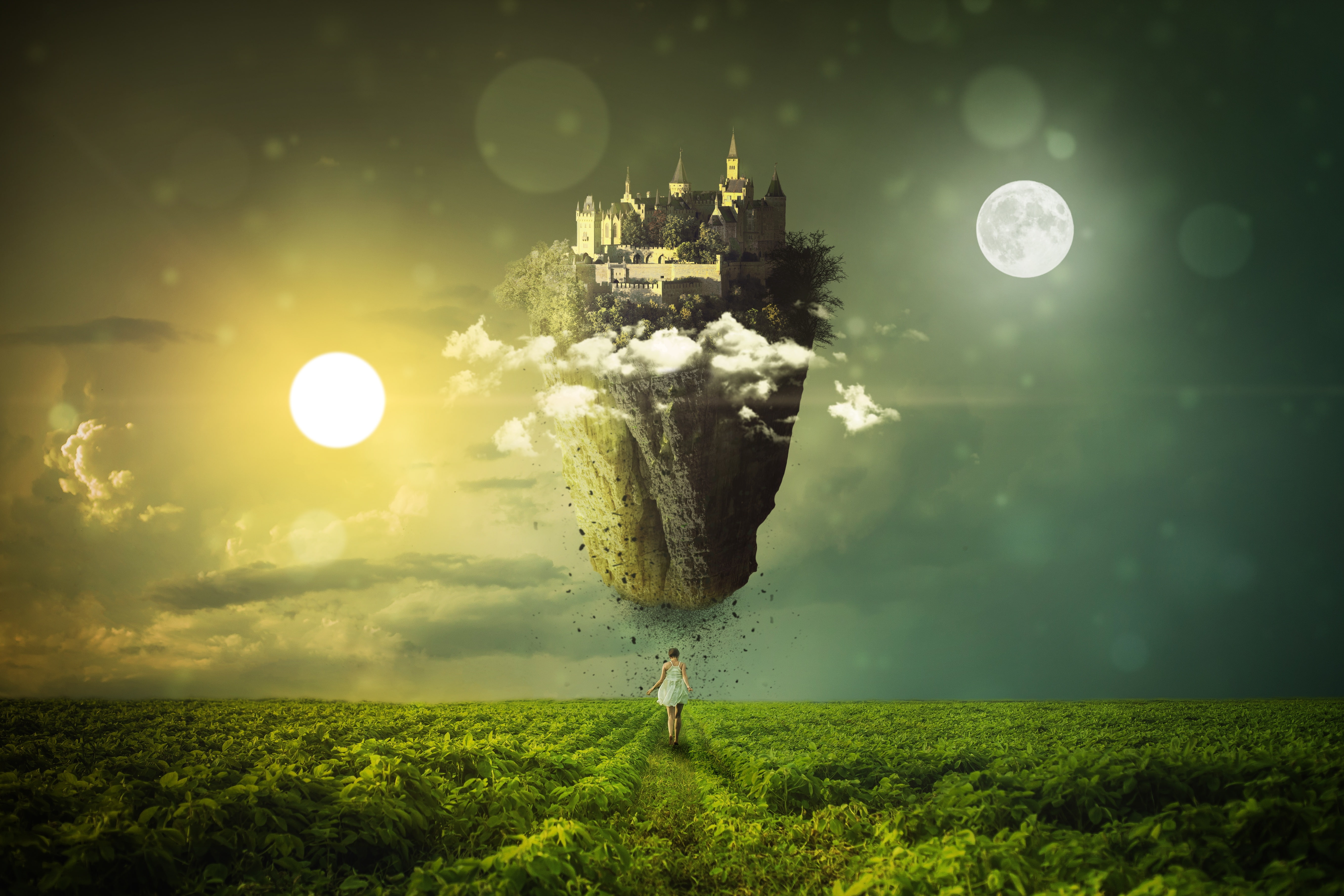 Woman, 4K, 5K, Dream, Sun, Landscape, Equinox, Moon, Floating castle, Girl, HD Wallpaper