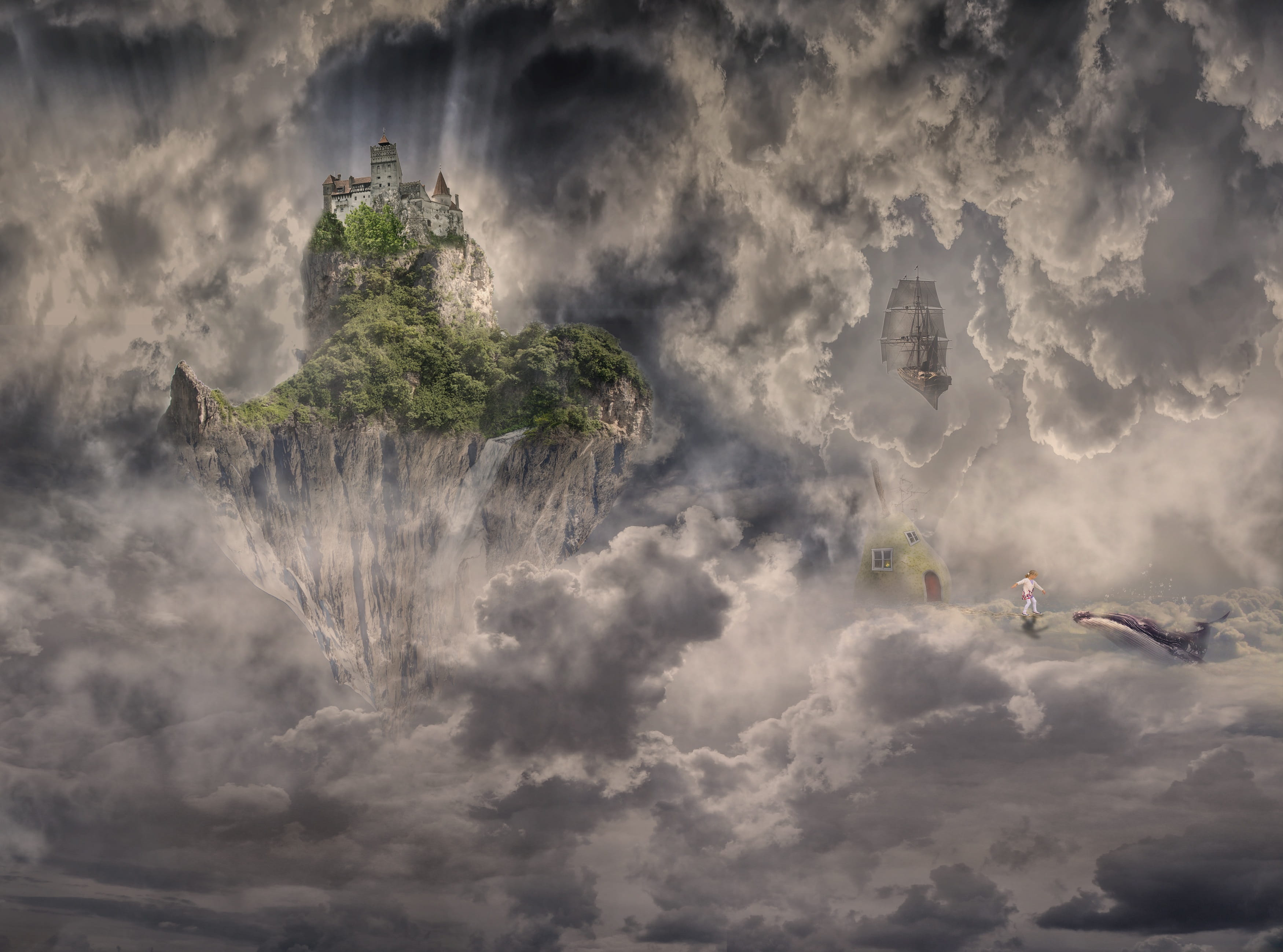 no people, digital composite, cloudscape, tranquil scene, mountain, sky, scenics - nature, power in nature, beauty in nature, 2K, nature, clouds, fantasy, HD Wallpaper