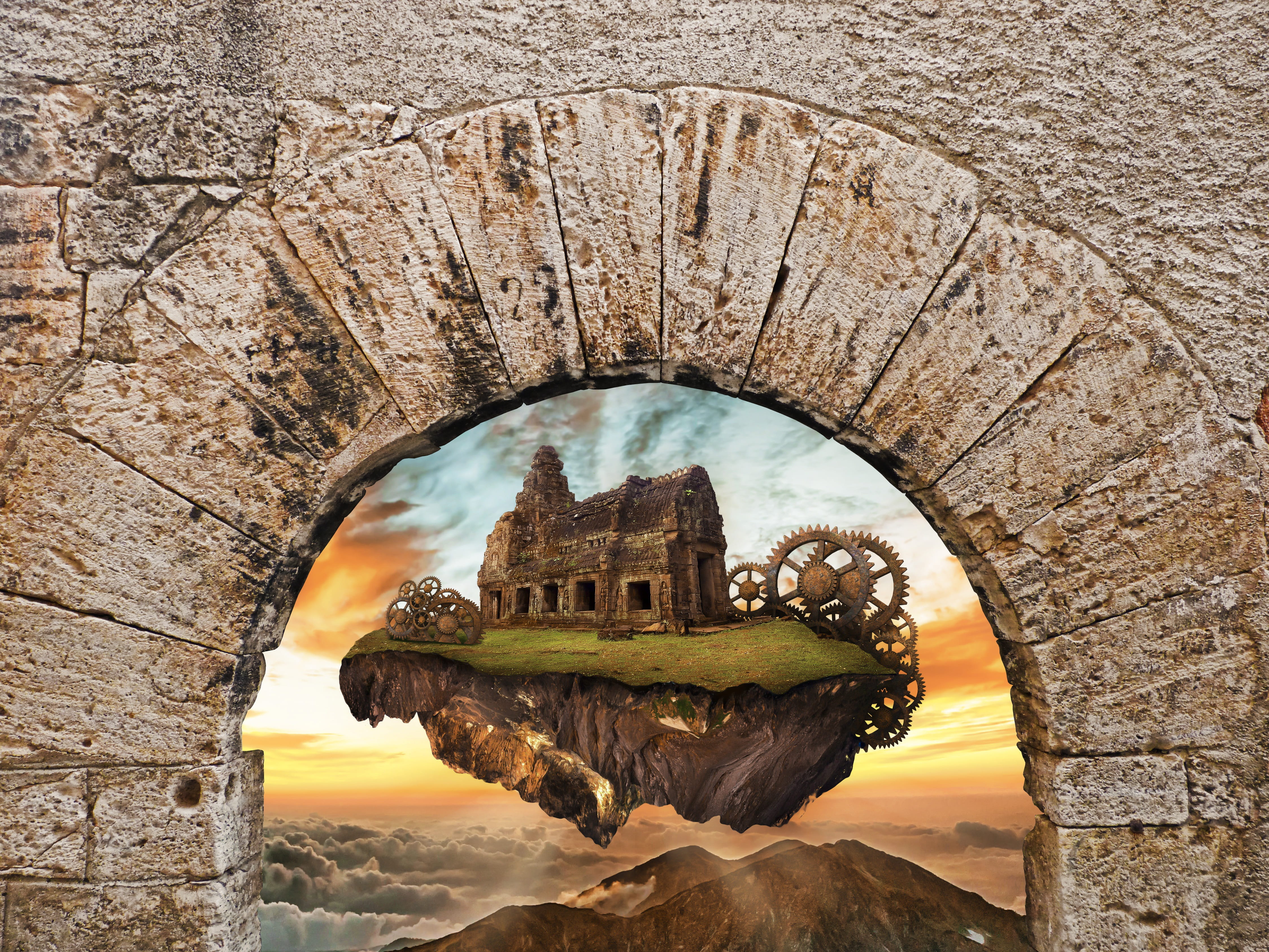 old ruin, the old castle, travel, illustration, levitating island, no people, nature, flying island, architecture, building, solid, building exterior, the past, HD Wallpaper