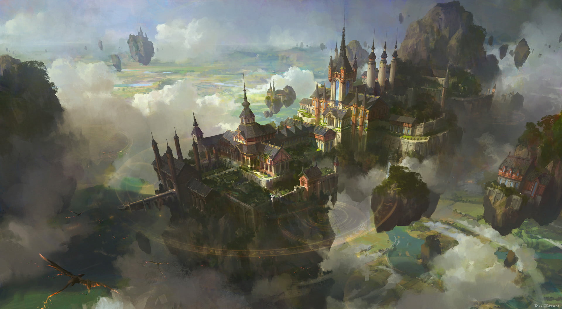 dragon, 1080P, fantasy city, fantasy art, Floating Castle, clouds, fantasy architecture, city, HD Wallpaper