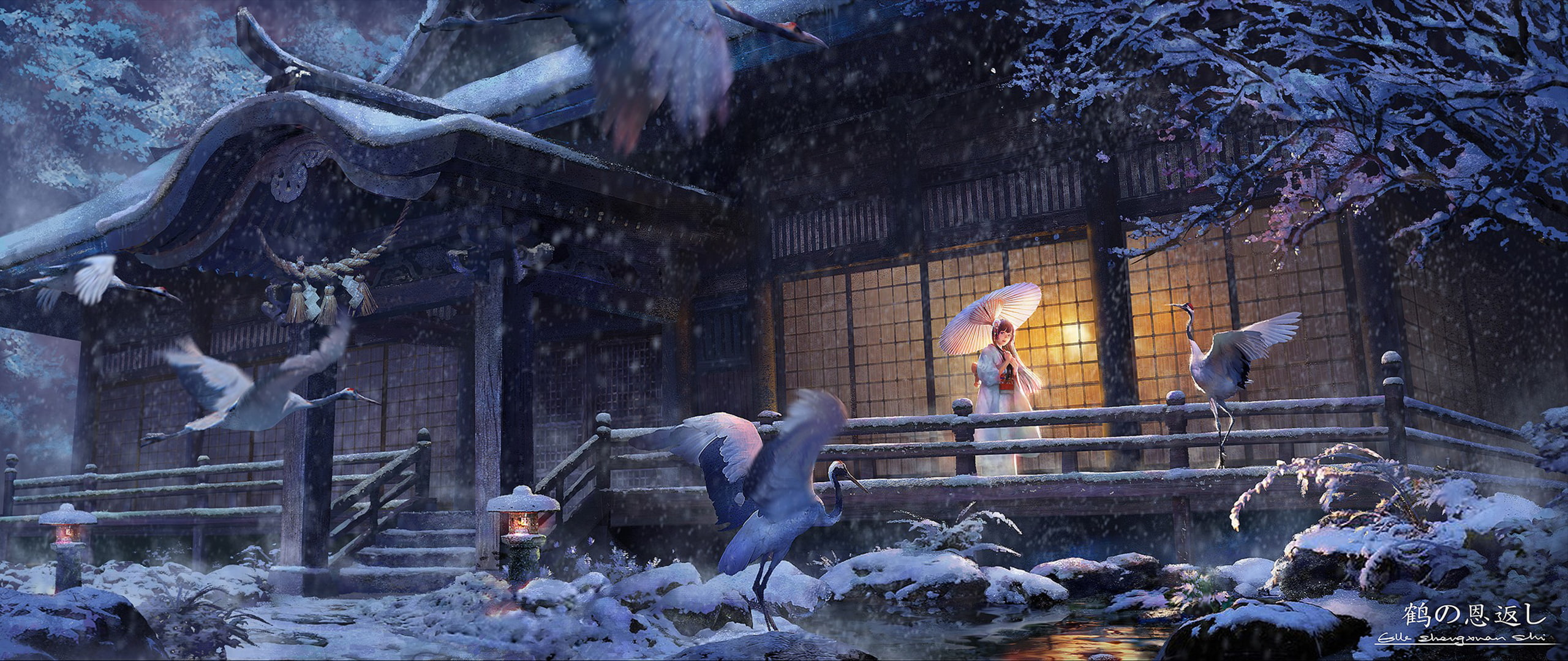 birds, animals, ultra-wide, Japan, anime girls, 2K, HD Wallpaper