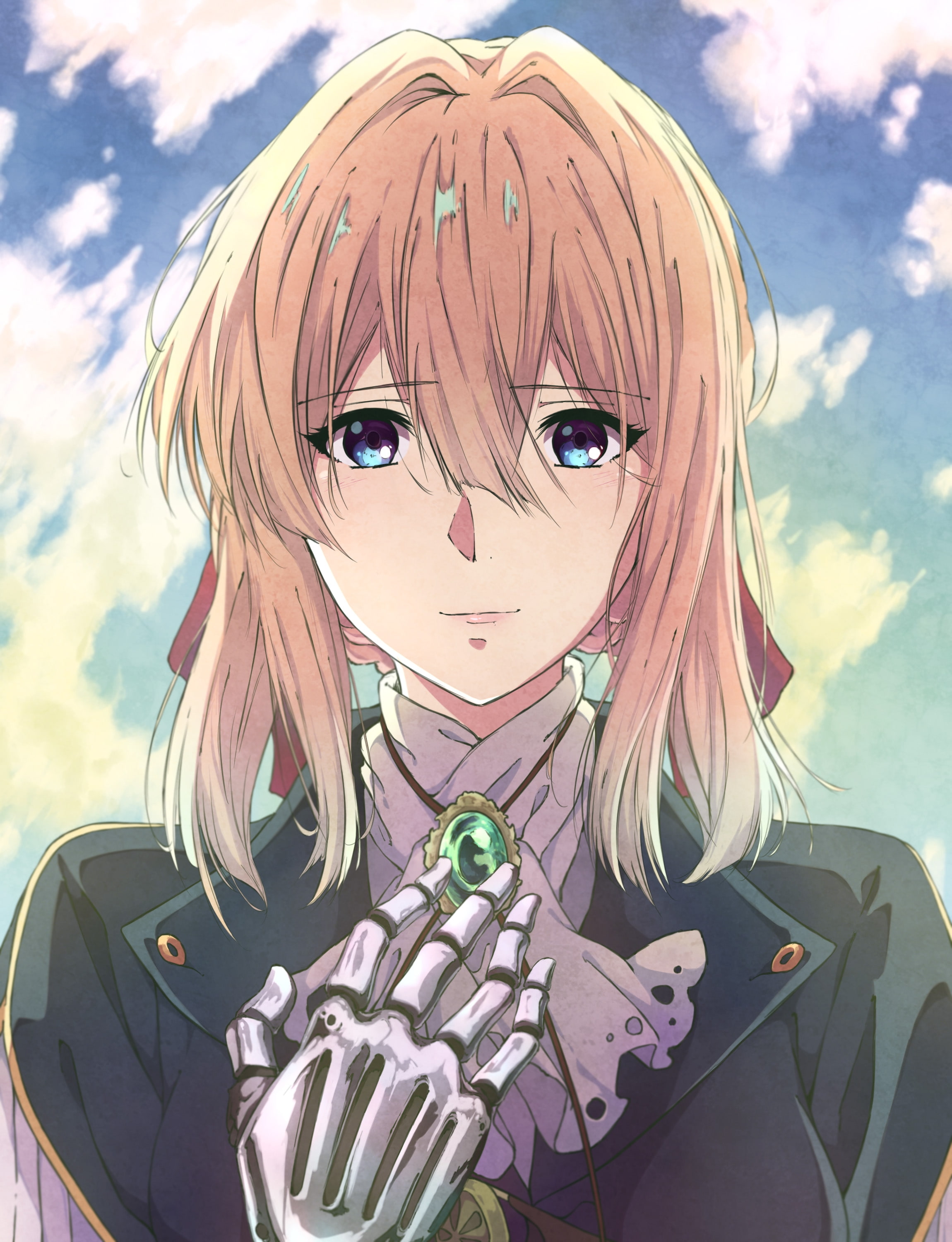 nature, happy face, women, blonde, hairstyle, hair, blond hair, innocence, mechanical arm, teenager, looking at camera, violet evergarden, Anime, sky, bangs, Phone HD Wallpaper