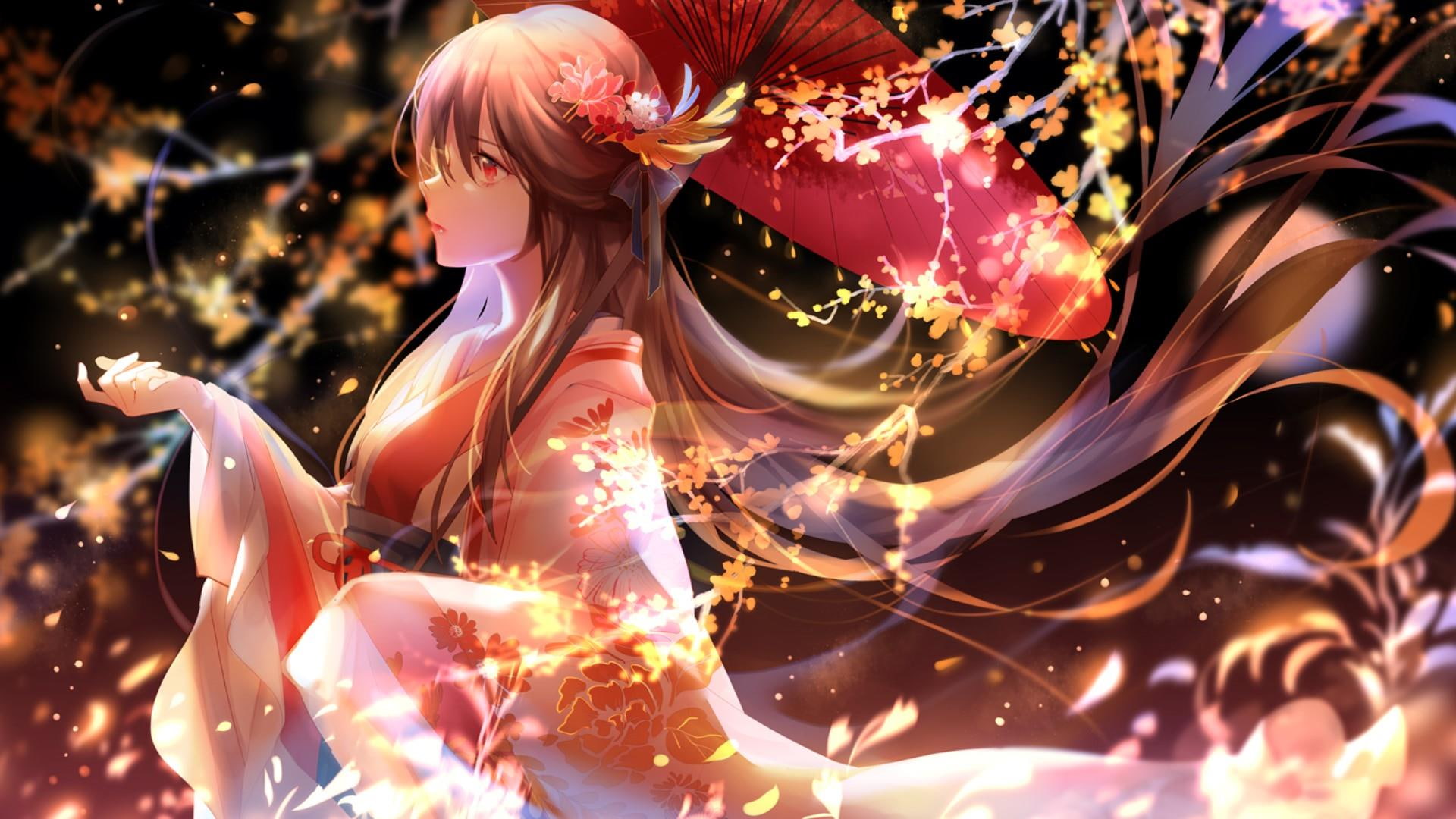 profile view, anime art, umbrella, profile, anime girl, artwork, 1080P, long hair, HD Wallpaper