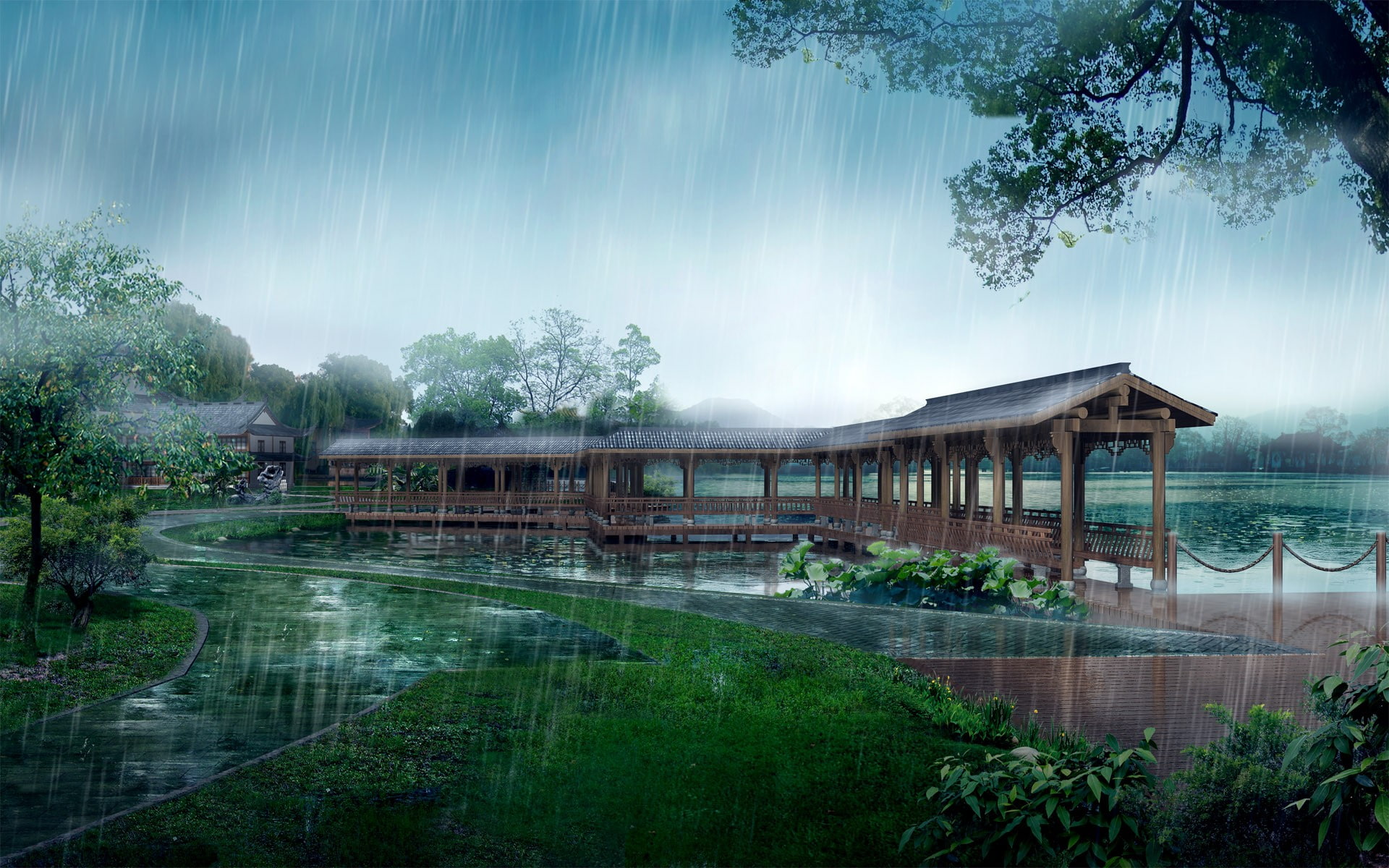 digital, hd, fall, 1080P, rain, wooden, landscape, brown, nature, japan, dock, HD Wallpaper